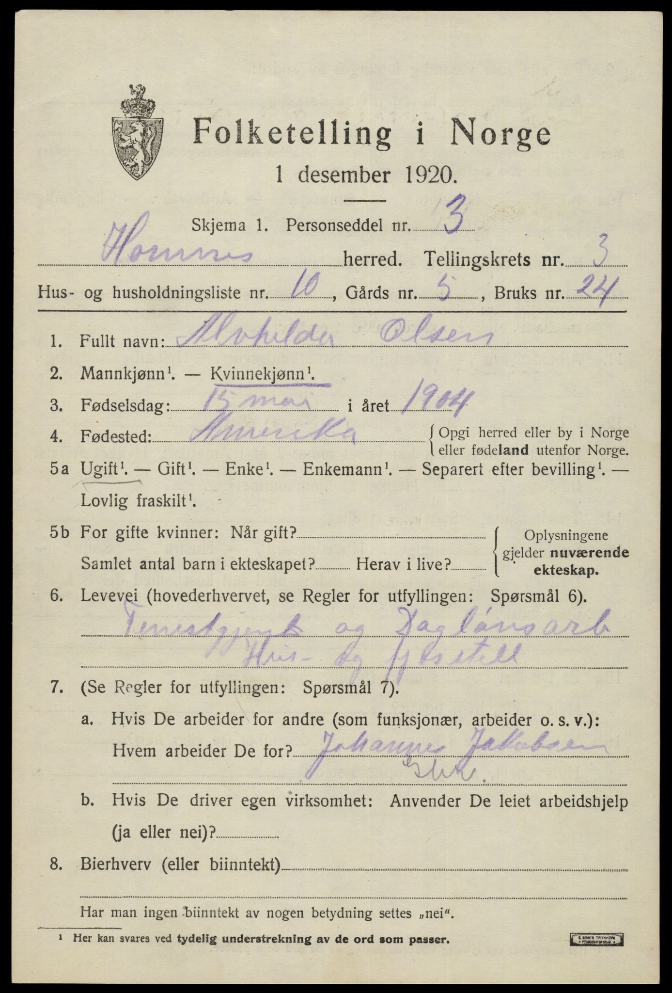 SAK, 1920 census for Hornnes, 1920, p. 913