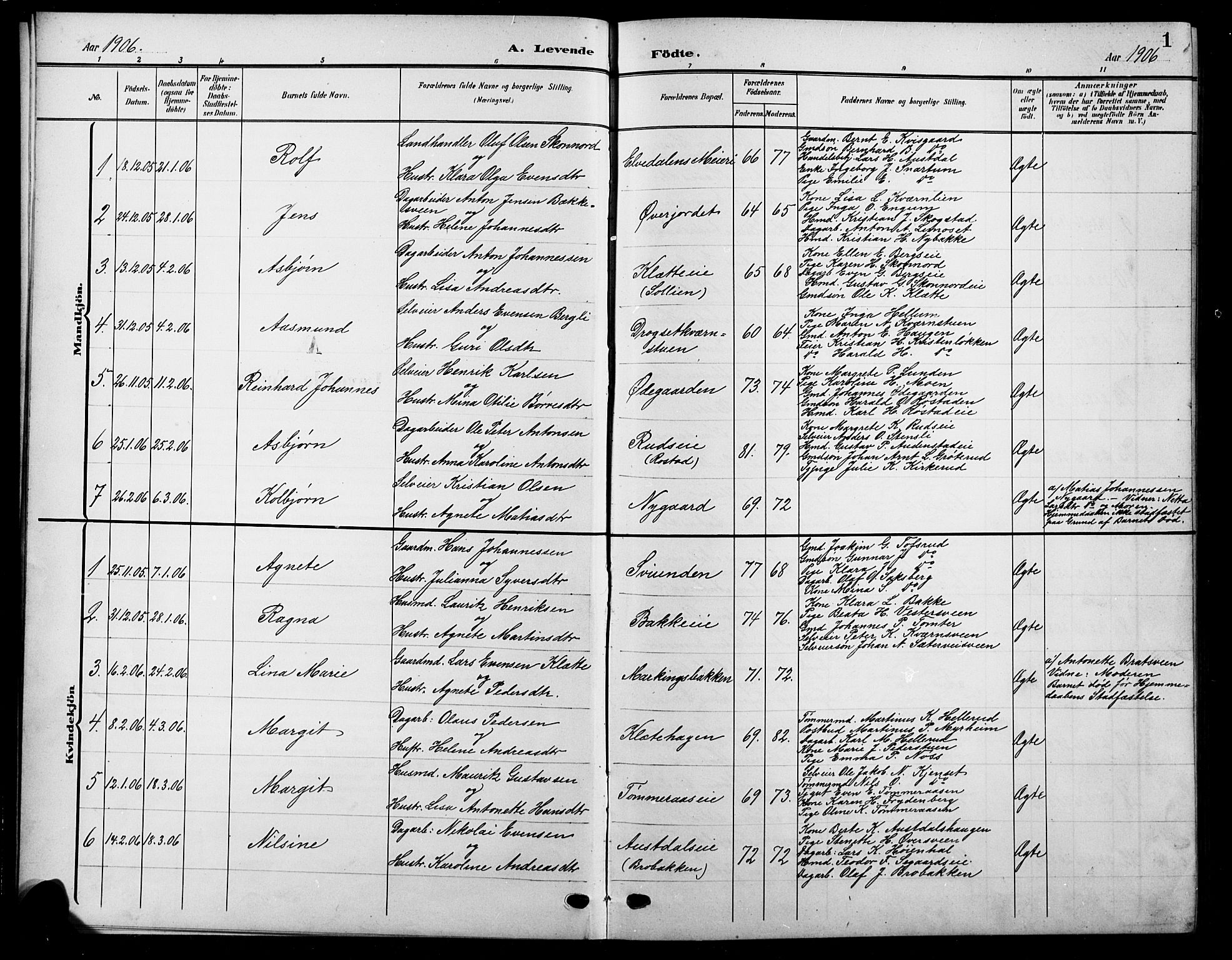 Biri prestekontor, SAH/PREST-096/H/Ha/Hab/L0005: Parish register (copy) no. 5, 1906-1919, p. 1