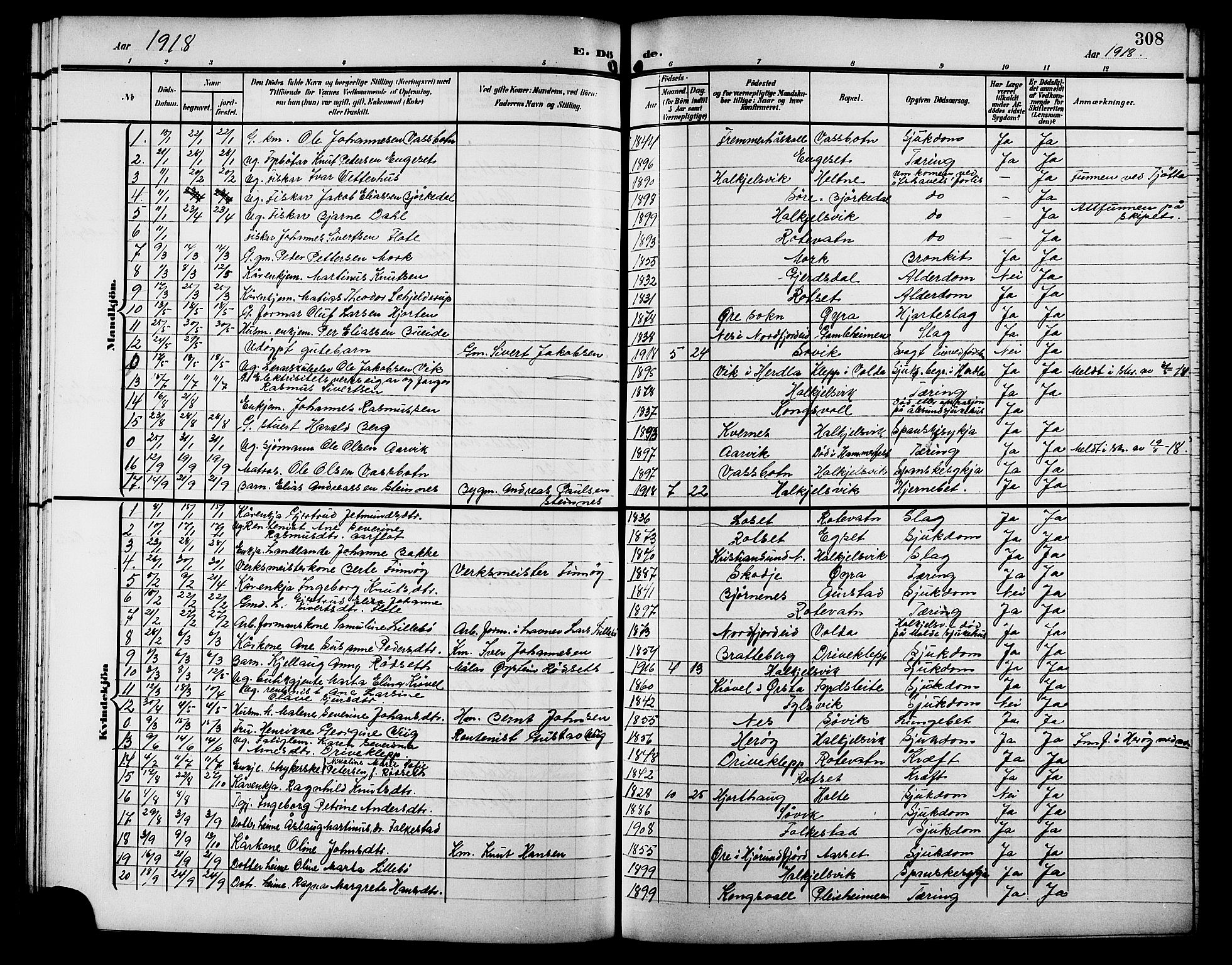 Ministerialprotokoller, klokkerbøker og fødselsregistre - Møre og Romsdal, SAT/A-1454/511/L0159: Parish register (copy) no. 511C05, 1902-1920, p. 308