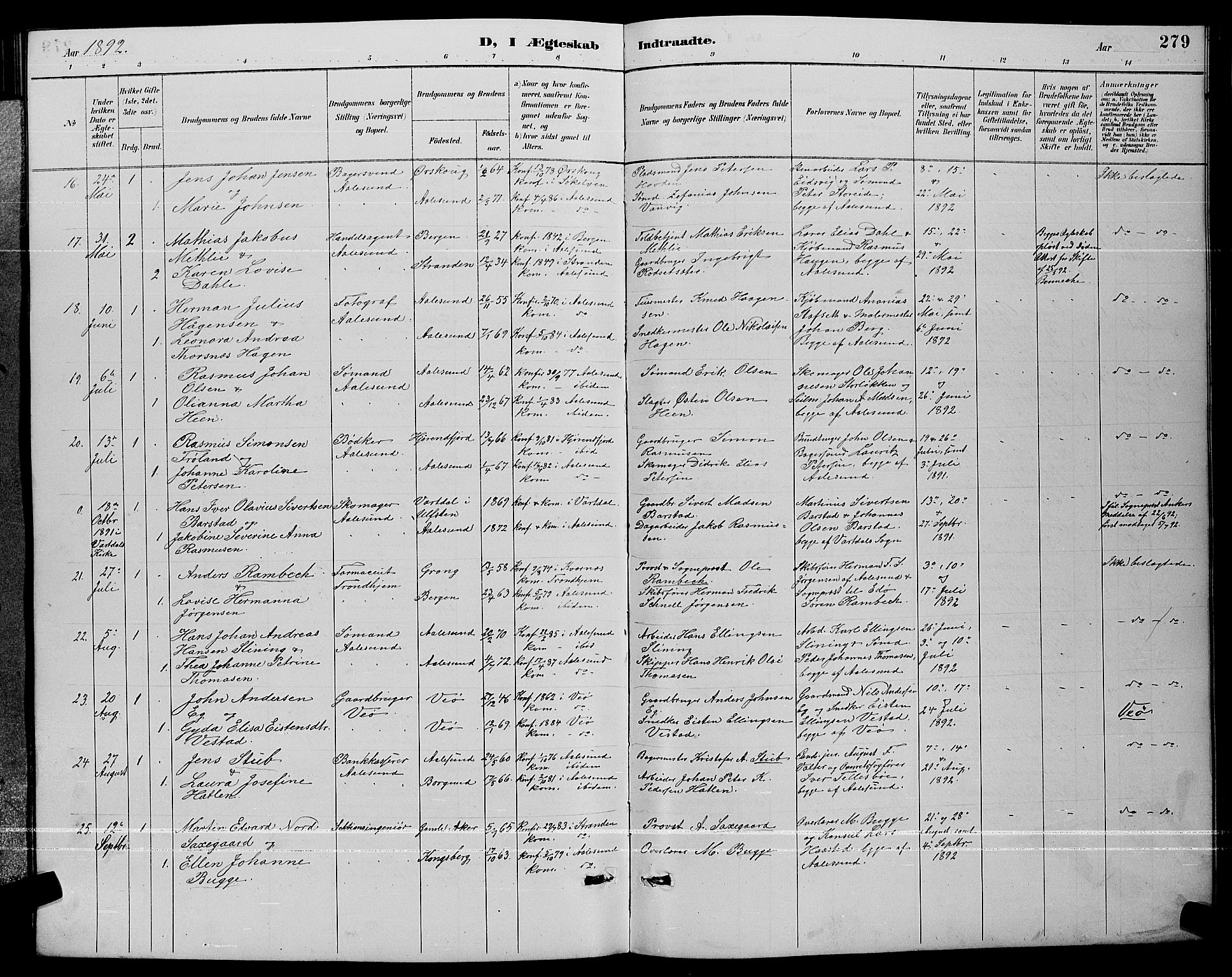 Ministerialprotokoller, klokkerbøker og fødselsregistre - Møre og Romsdal, AV/SAT-A-1454/529/L0467: Parish register (copy) no. 529C04, 1889-1897, p. 279