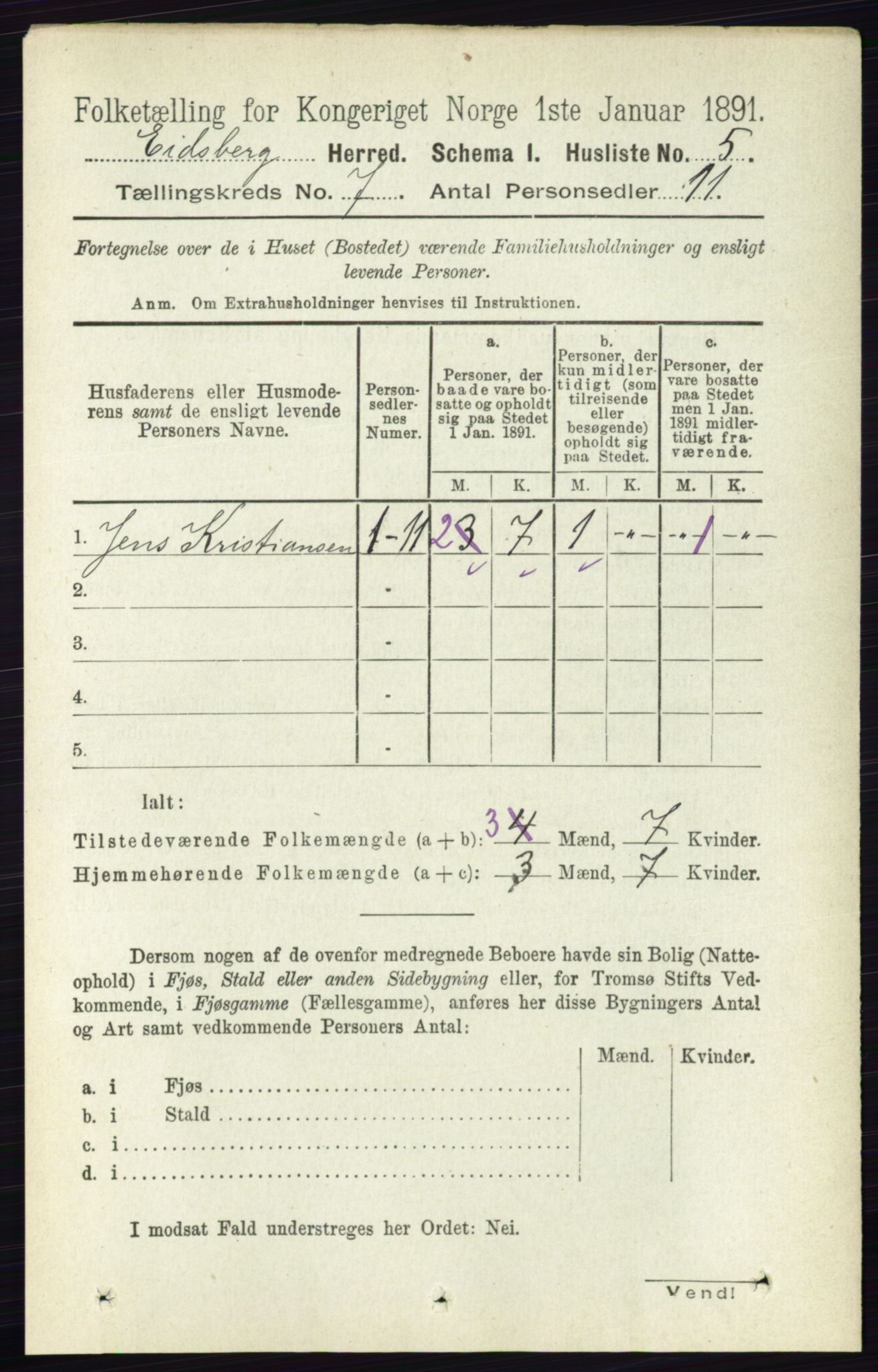 RA, 1891 census for 0125 Eidsberg, 1891, p. 4009