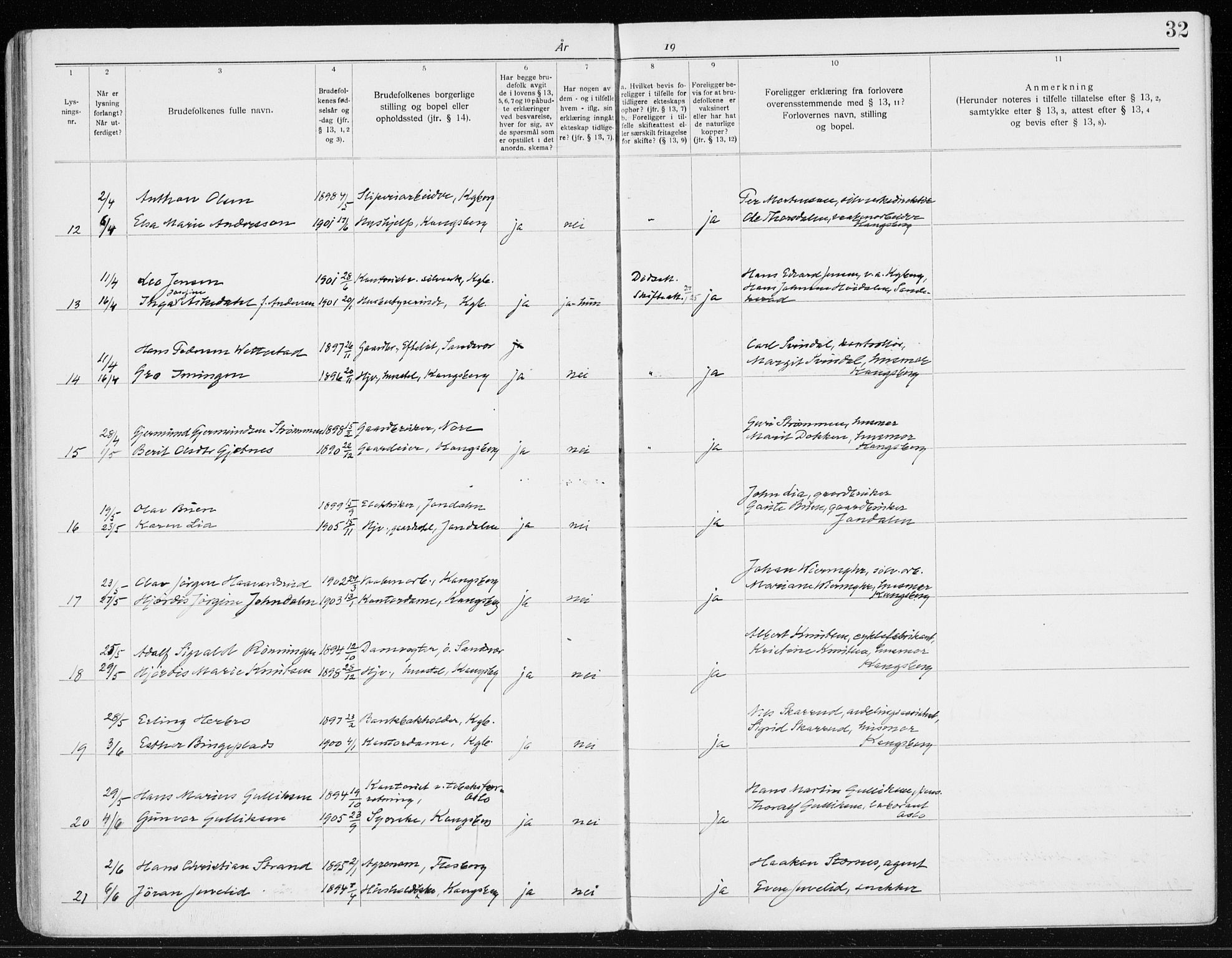 Kongsberg kirkebøker, AV/SAKO-A-22/H/Ha/L0001: Banns register no. 1, 1919-1939, p. 32