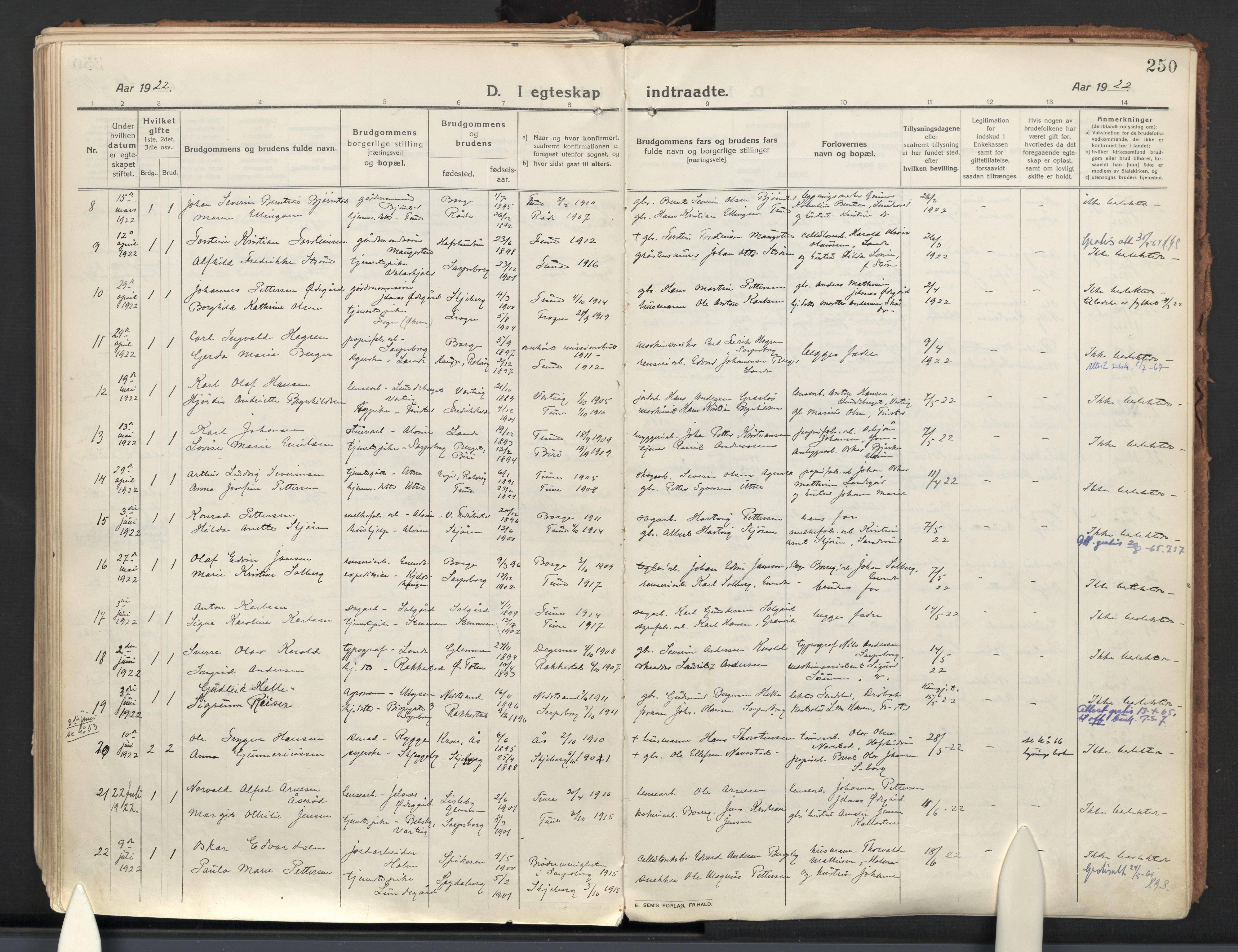 Tune prestekontor Kirkebøker, AV/SAO-A-2007/F/Fa/L0022: Parish register (official) no. 22, 1917-1925, p. 250