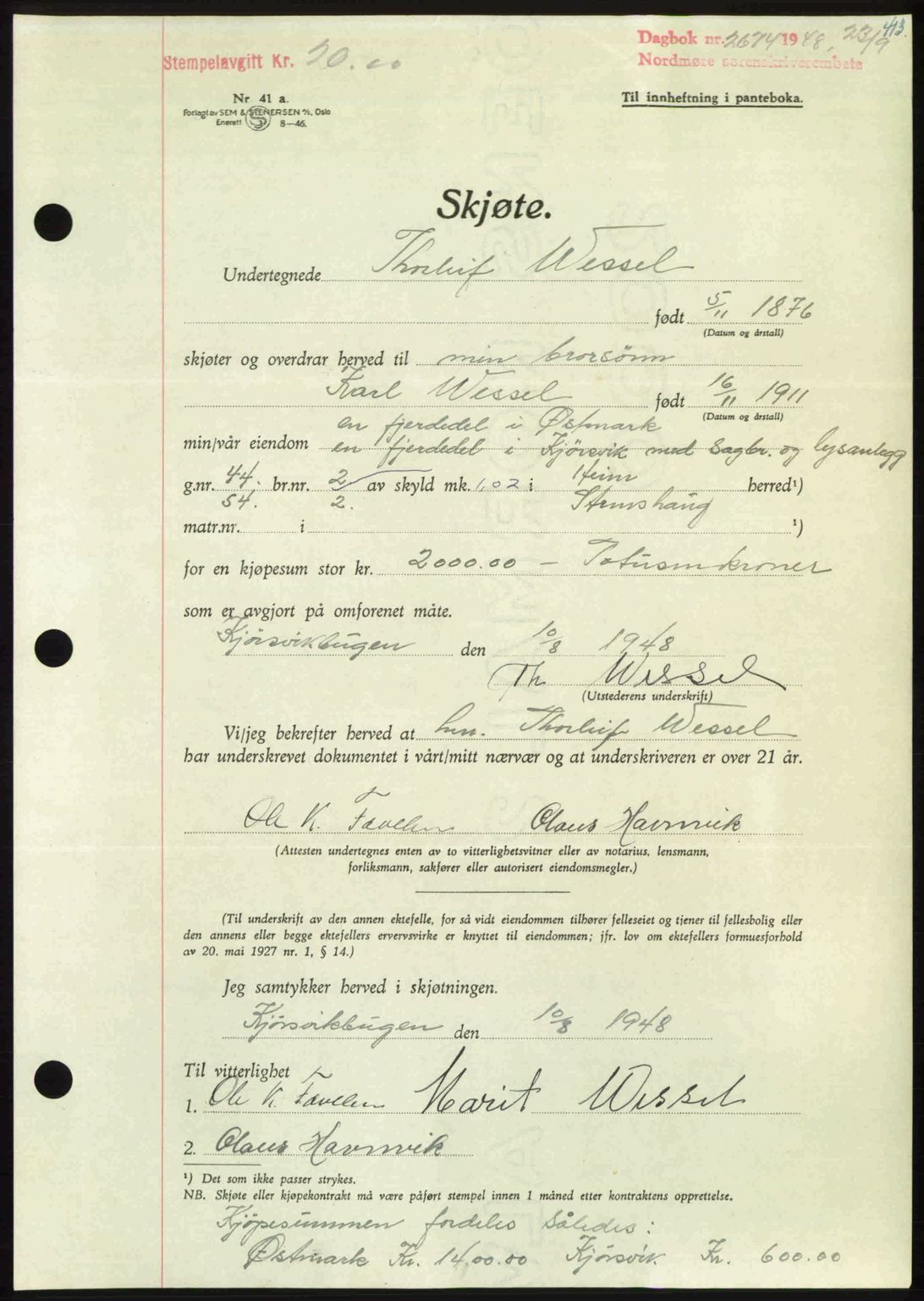 Nordmøre sorenskriveri, AV/SAT-A-4132/1/2/2Ca: Mortgage book no. A109, 1948-1948, Diary no: : 2674/1948