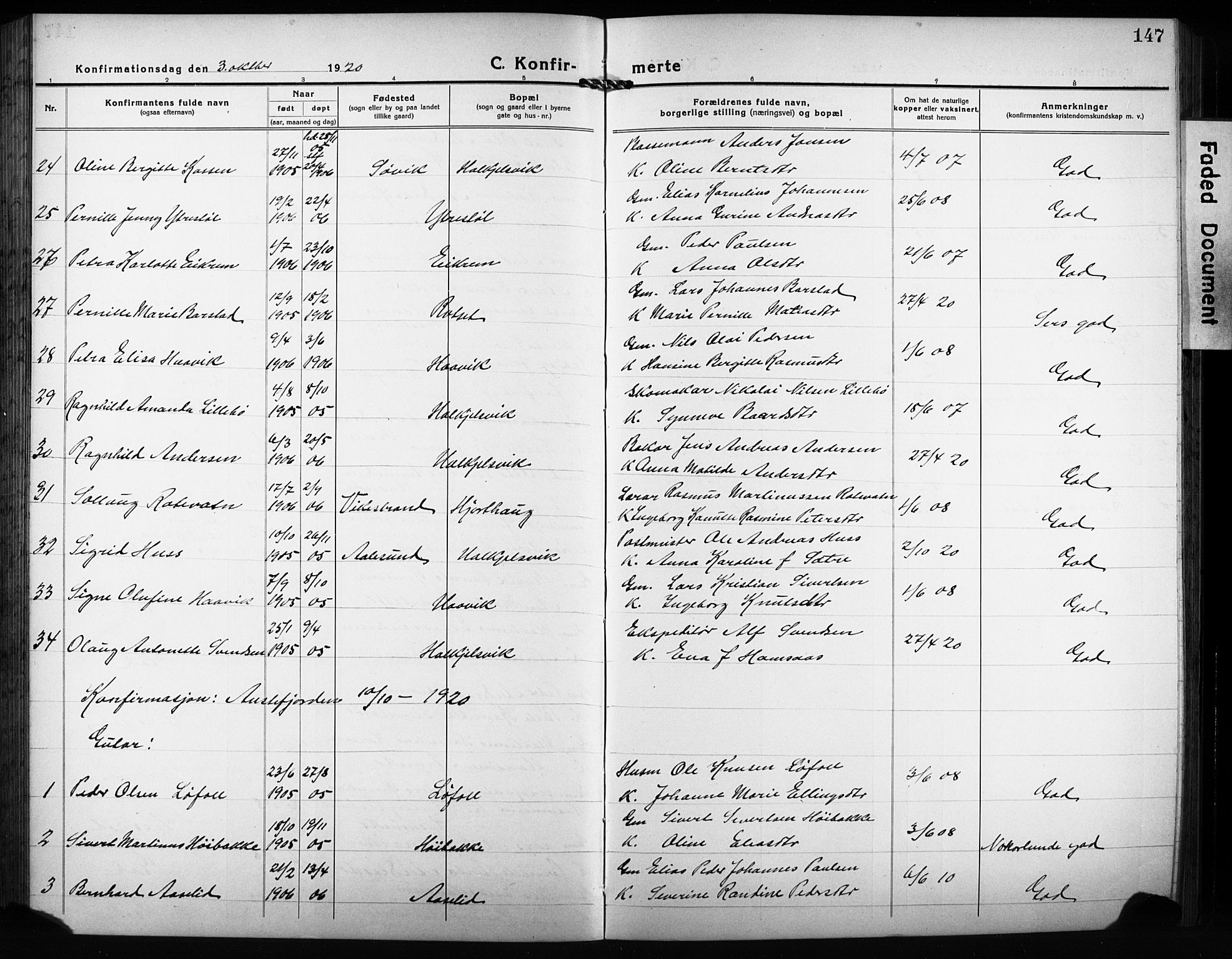 Ministerialprotokoller, klokkerbøker og fødselsregistre - Møre og Romsdal, AV/SAT-A-1454/511/L0160: Parish register (copy) no. 511C06, 1920-1932, p. 147