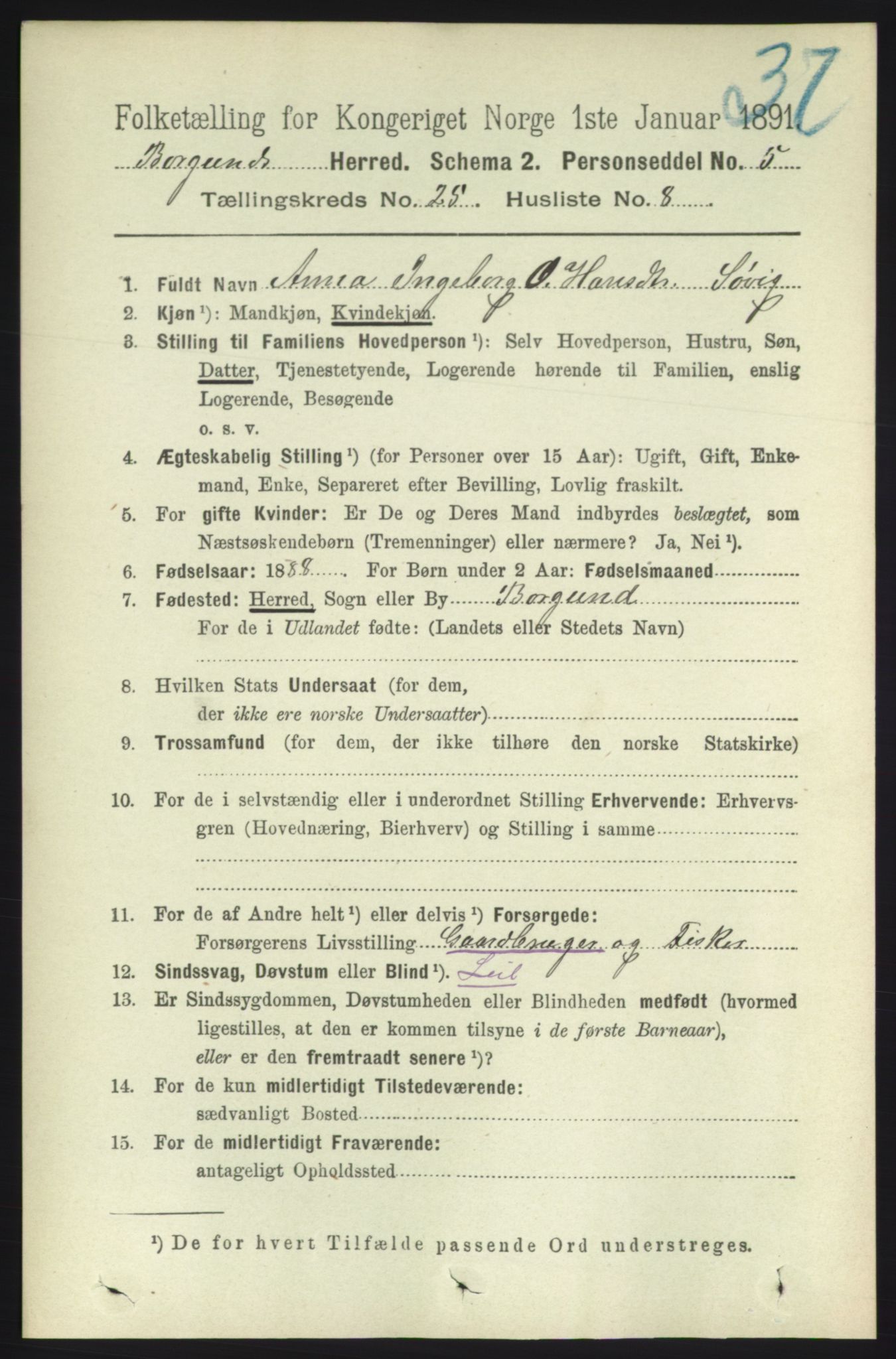 RA, 1891 census for 1531 Borgund, 1891, p. 7309