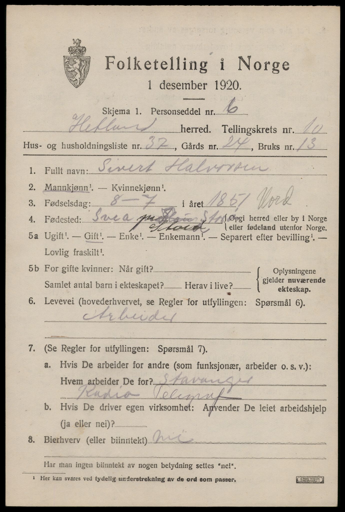 SAST, 1920 census for Hetland, 1920, p. 19393