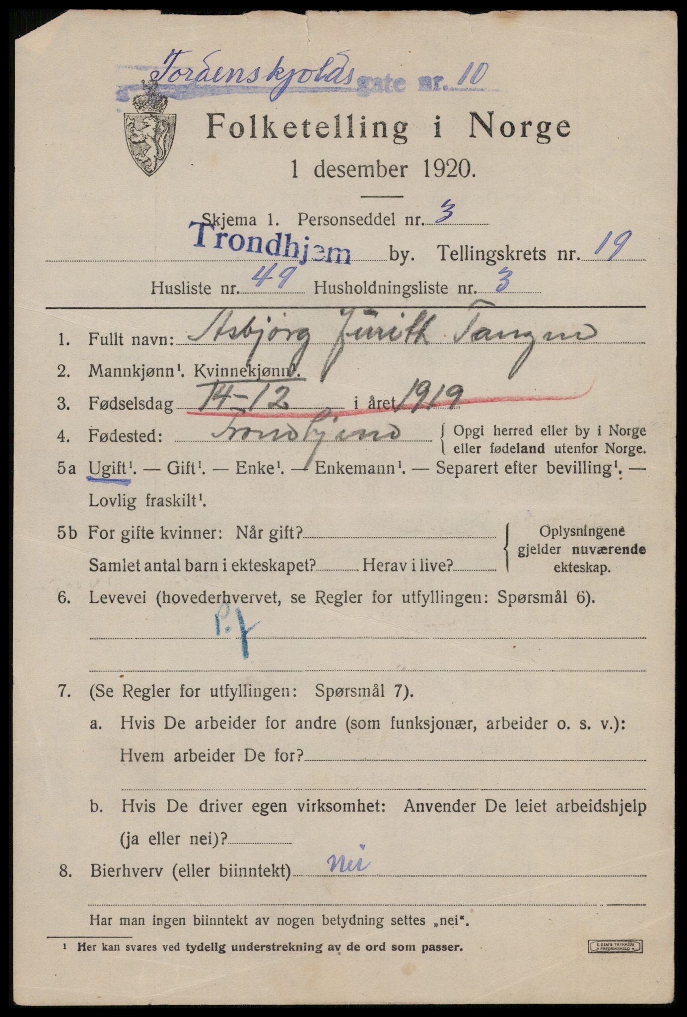 SAT, 1920 census for Trondheim, 1920, p. 59658