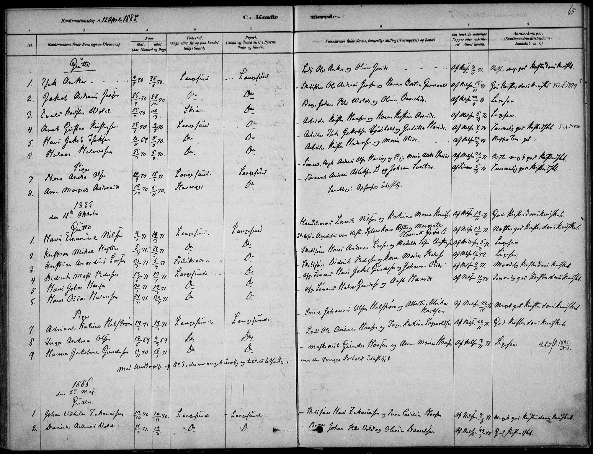 Langesund kirkebøker, AV/SAKO-A-280/F/Fa/L0002: Parish register (official) no. 2, 1878-1892, p. 65