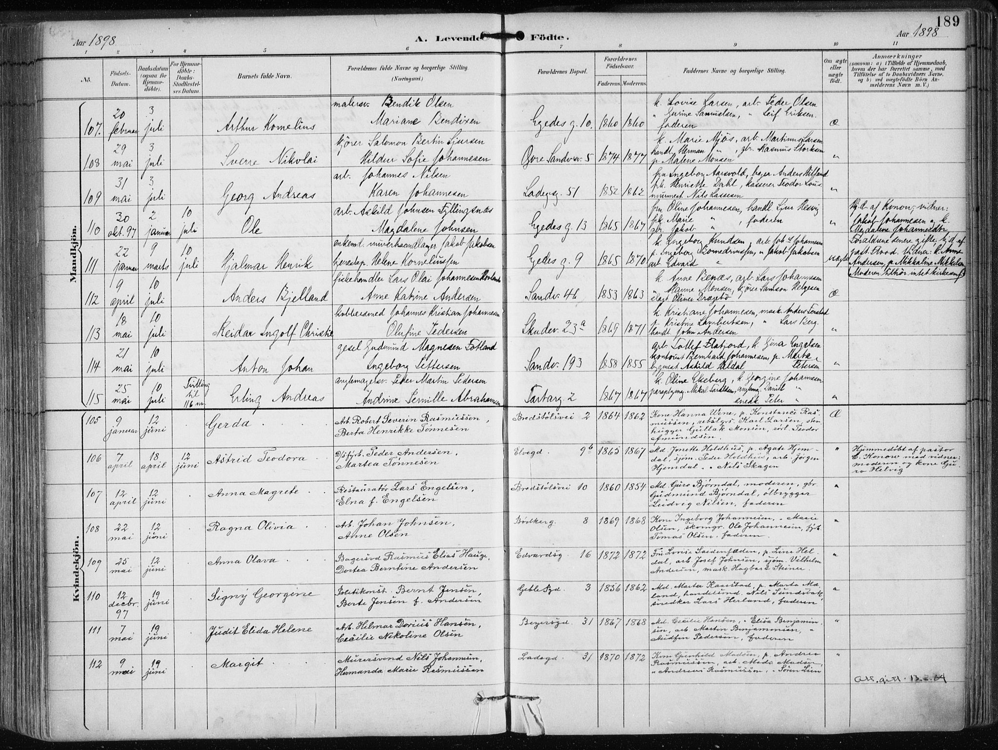 Sandviken Sokneprestembete, AV/SAB-A-77601/H/Ha/L0005: Parish register (official) no. B 2, 1891-1901, p. 189