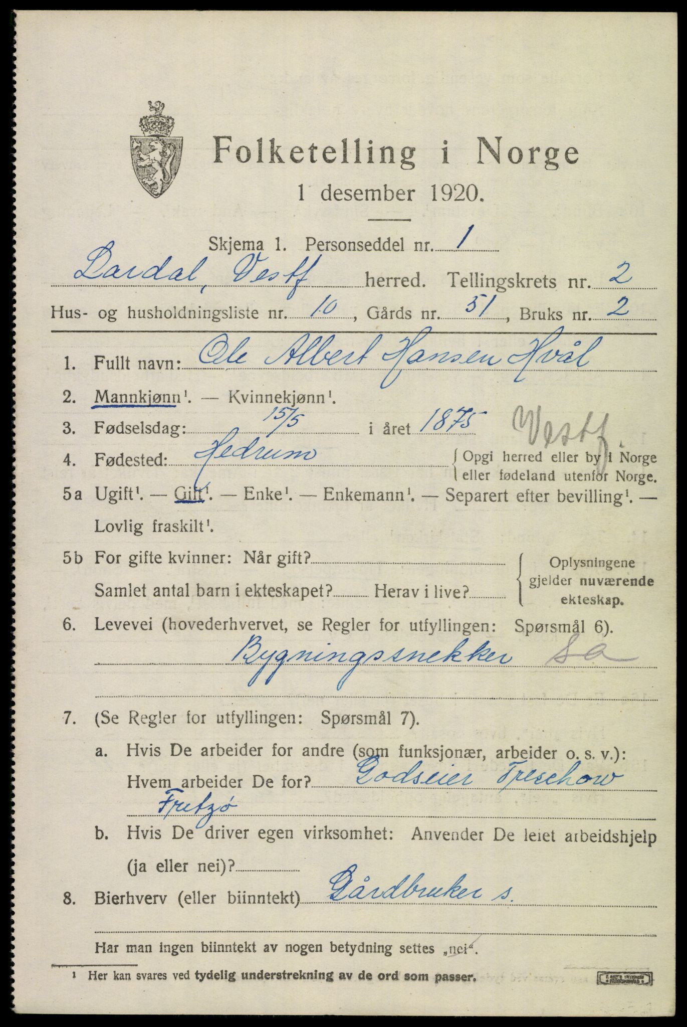 SAKO, 1920 census for Lardal, 1920, p. 2071