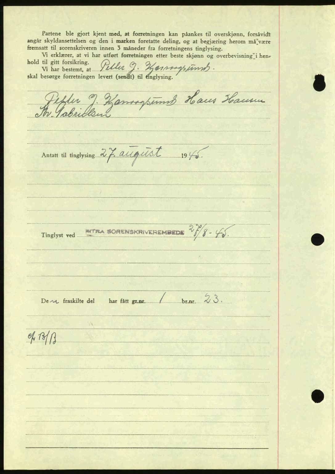 Hitra sorenskriveri, AV/SAT-A-0018/2/2C/2Ca: Mortgage book no. A2, 1943-1945, Diary no: : 470/1945