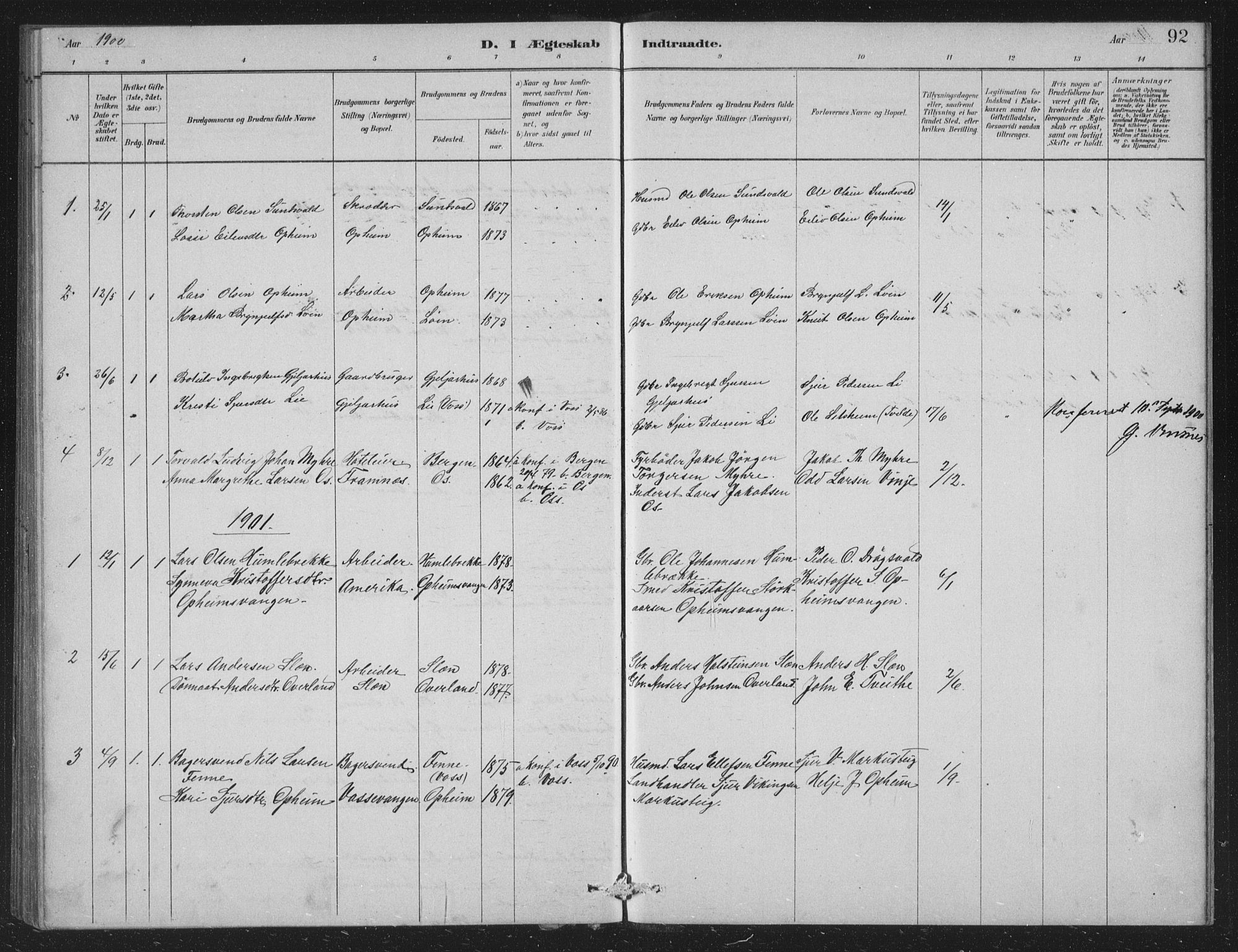 Vossestrand Sokneprestembete, AV/SAB-A-79101/H/Hab: Parish register (copy) no. A 2, 1880-1902, p. 92