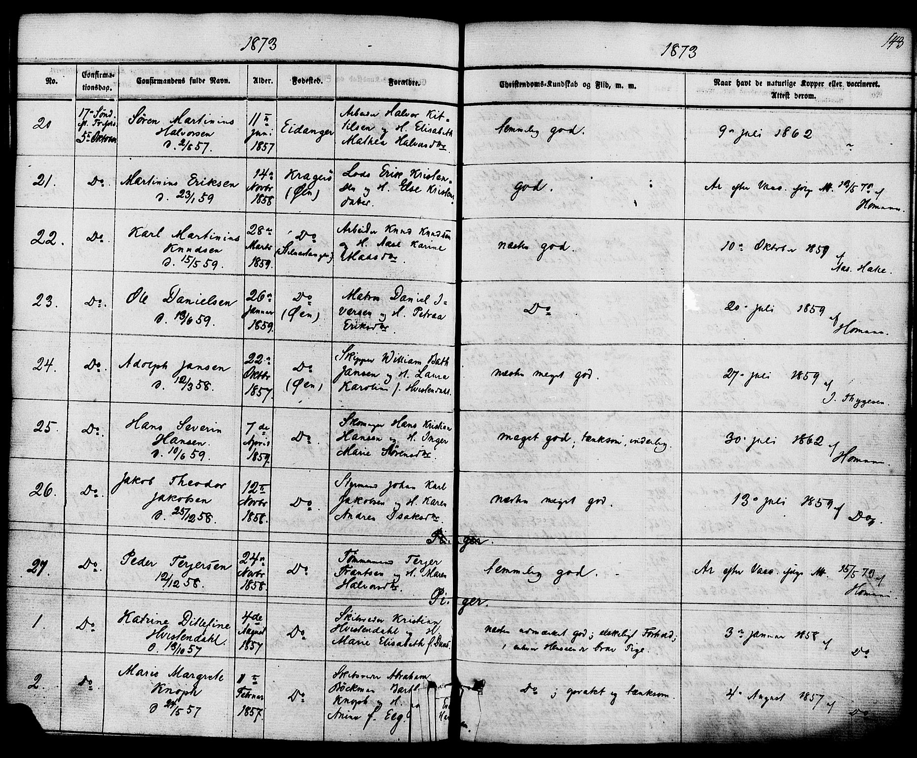 Kragerø kirkebøker, AV/SAKO-A-278/F/Fa/L0008: Parish register (official) no. 8, 1856-1880, p. 143