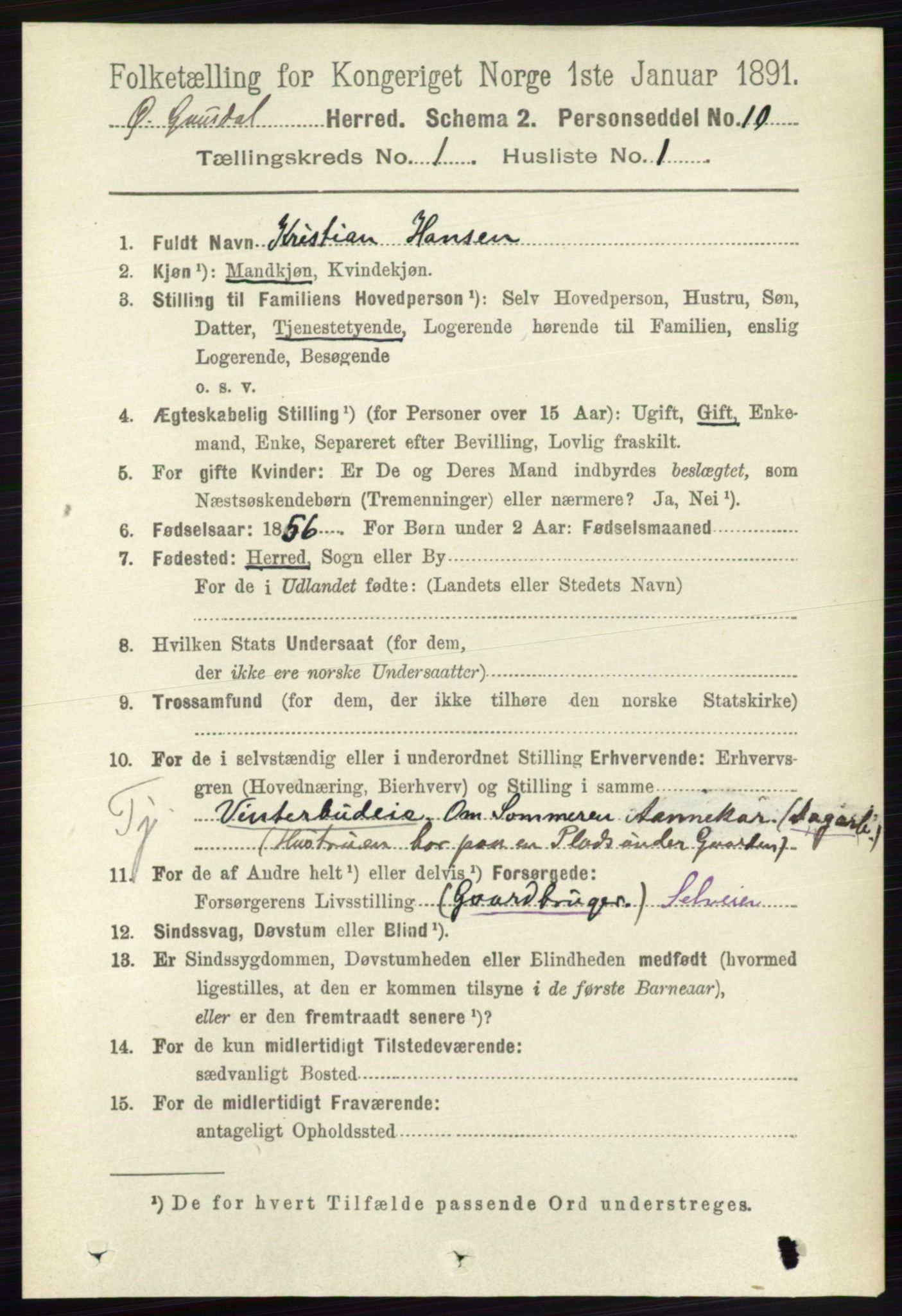 RA, 1891 census for 0522 Østre Gausdal, 1891, p. 168