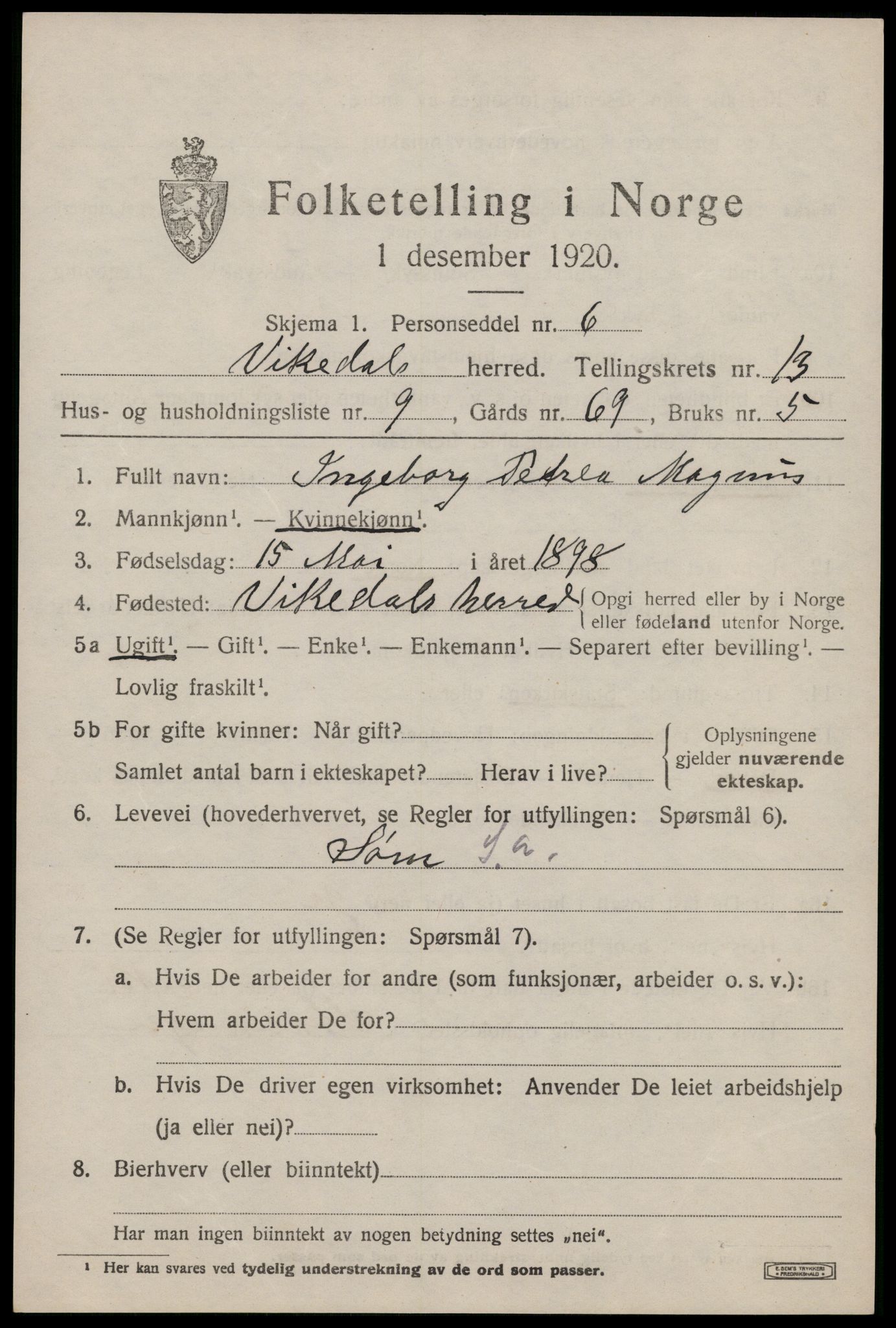 SAST, 1920 census for Vikedal, 1920, p. 4247