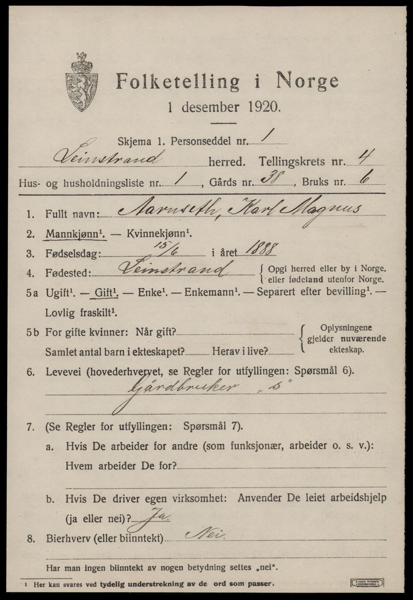 SAT, 1920 census for Leinstrand, 1920, p. 3803