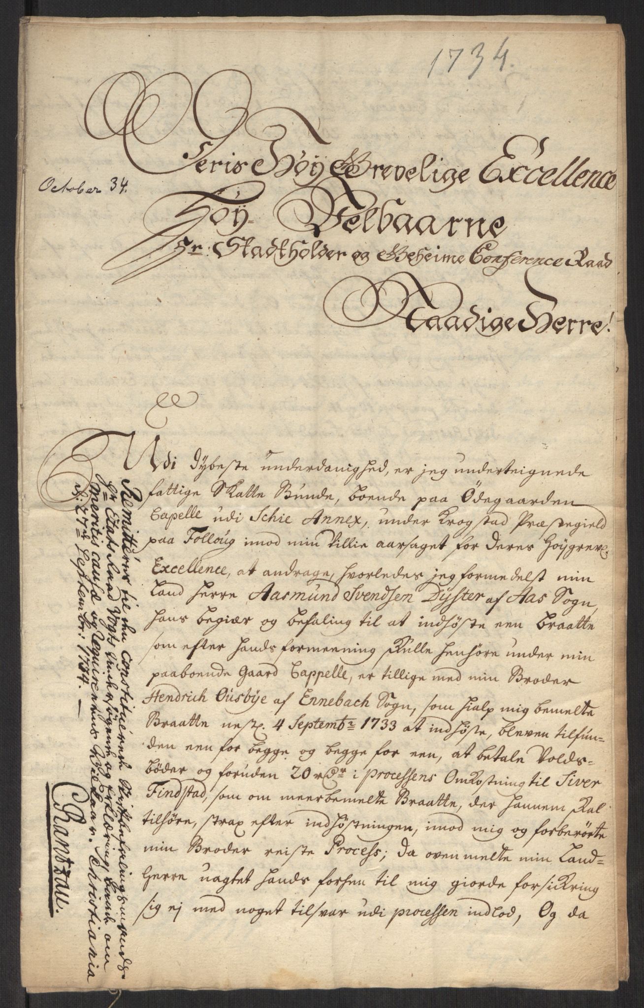 Stattholderembetet 1572-1771, AV/RA-EA-2870/Ef/L0107: Brev fra embetsmenn og andre, 1733-1734, p. 401