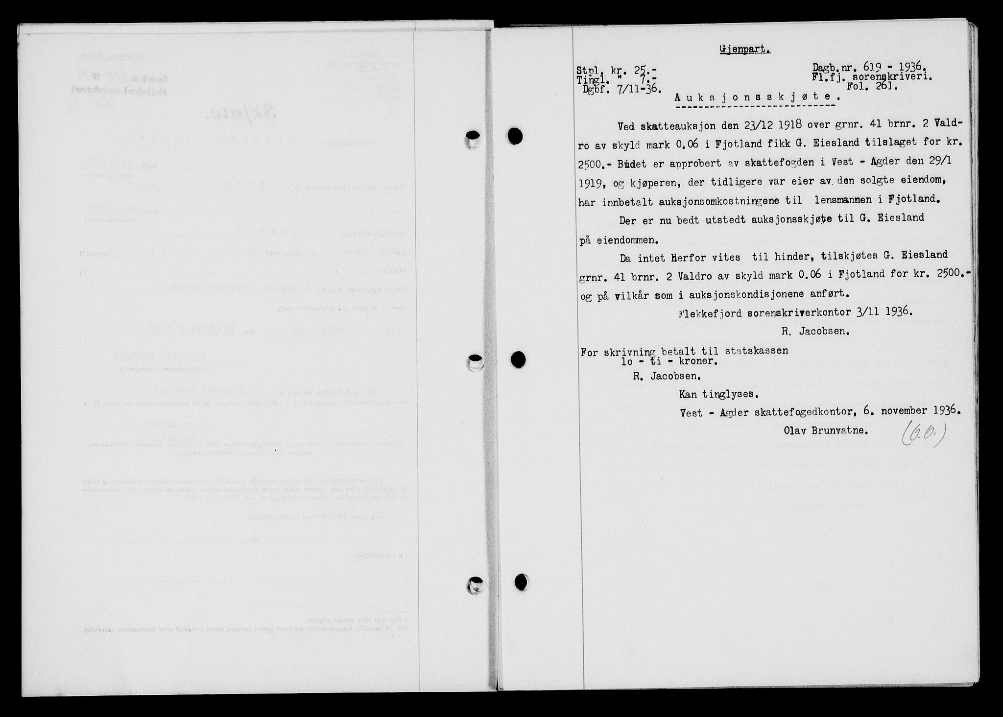 Flekkefjord sorenskriveri, SAK/1221-0001/G/Gb/Gba/L0053: Mortgage book no. A-1, 1936-1937, Diary no: : 619/1936