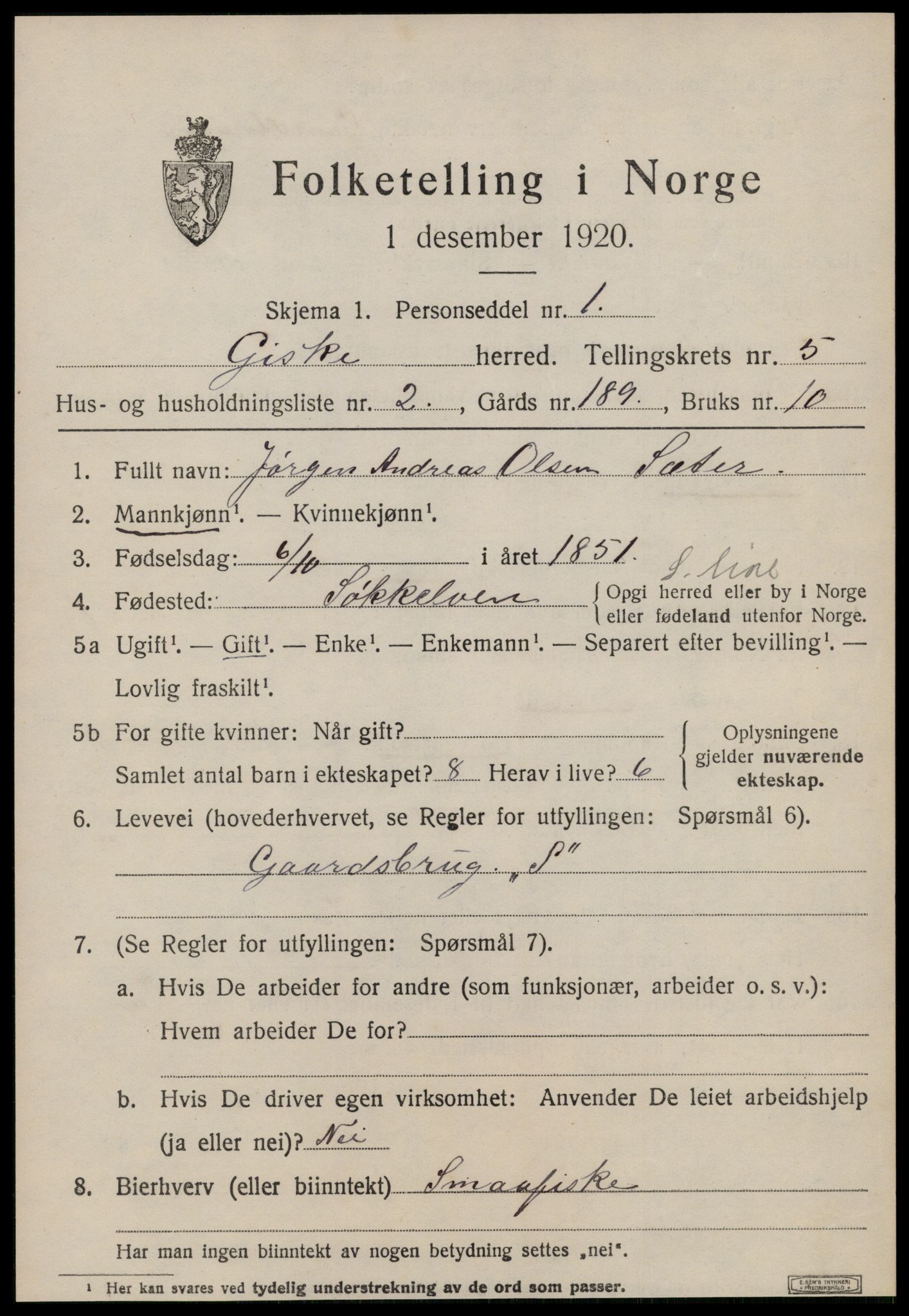 SAT, 1920 census for Giske, 1920, p. 3642