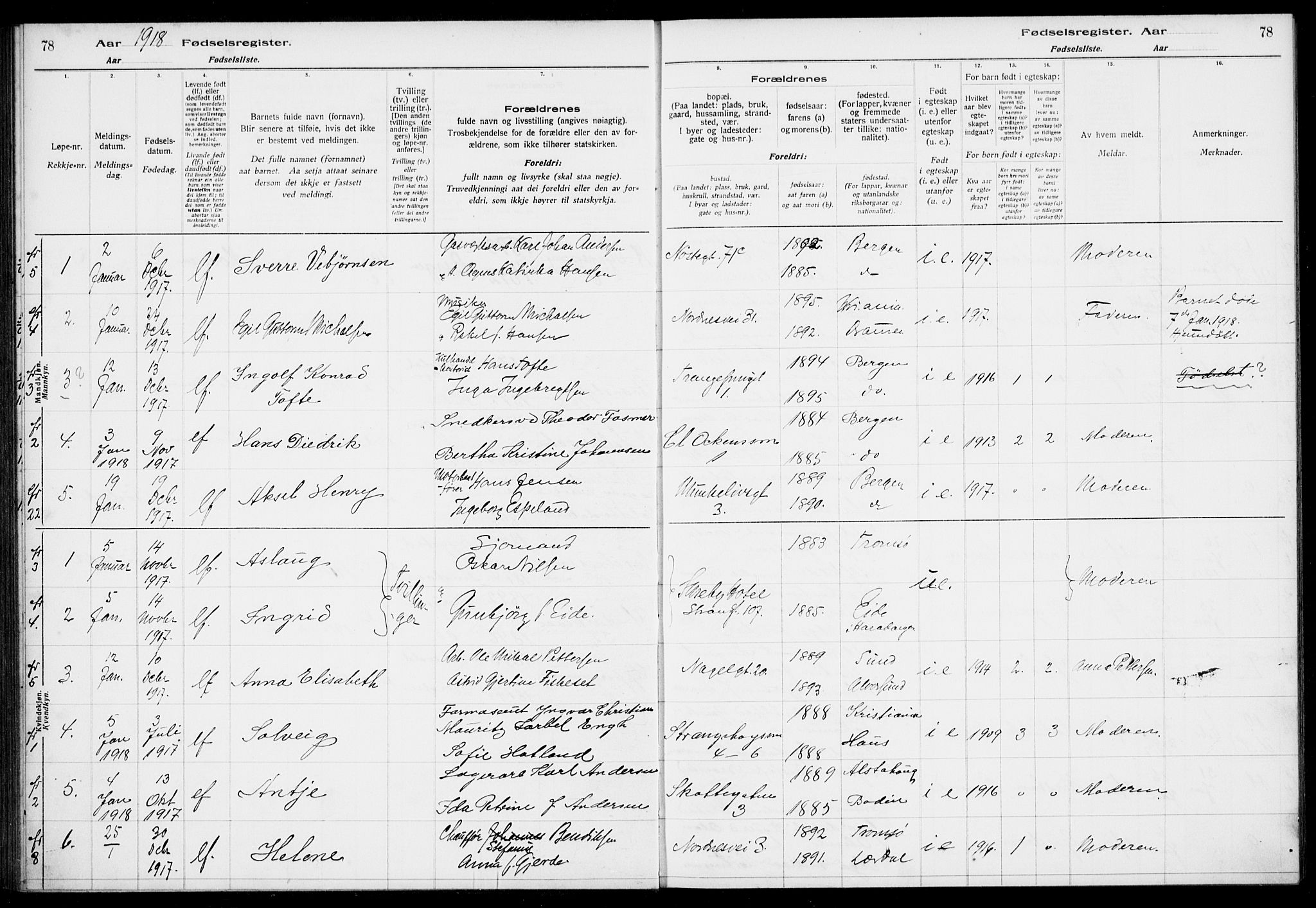 Nykirken Sokneprestembete, AV/SAB-A-77101/I/Id/L00A1: Birth register no. A 1, 1916-1922, p. 78