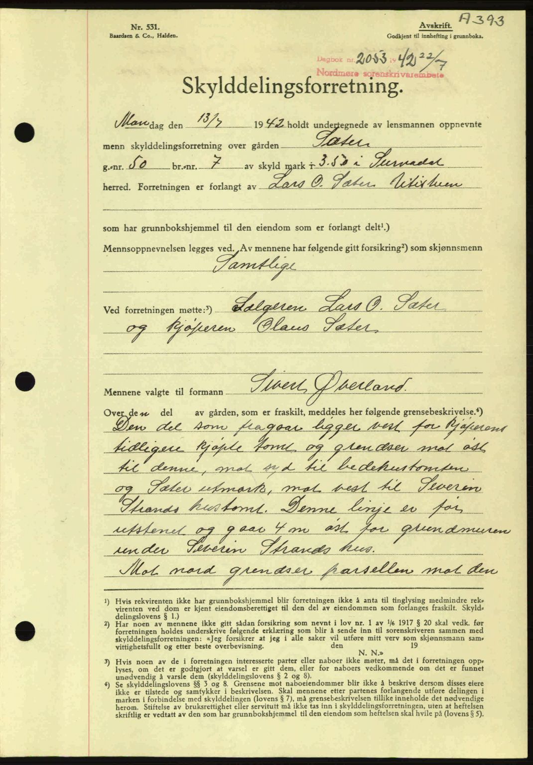 Nordmøre sorenskriveri, AV/SAT-A-4132/1/2/2Ca: Mortgage book no. A93, 1942-1942, Diary no: : 2053/1942