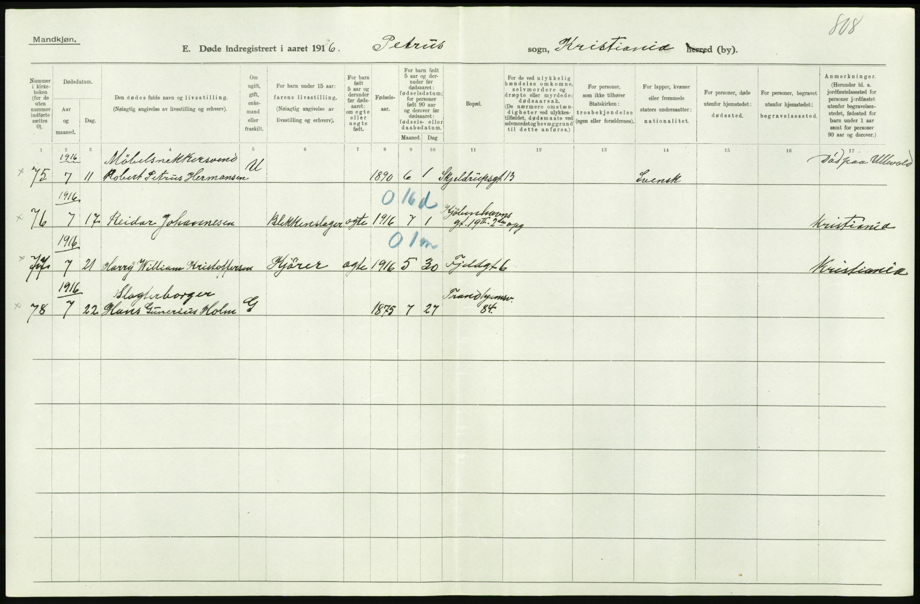 Statistisk sentralbyrå, Sosiodemografiske emner, Befolkning, AV/RA-S-2228/D/Df/Dfb/Dfbf/L0009: Kristiania: Døde., 1916, p. 96