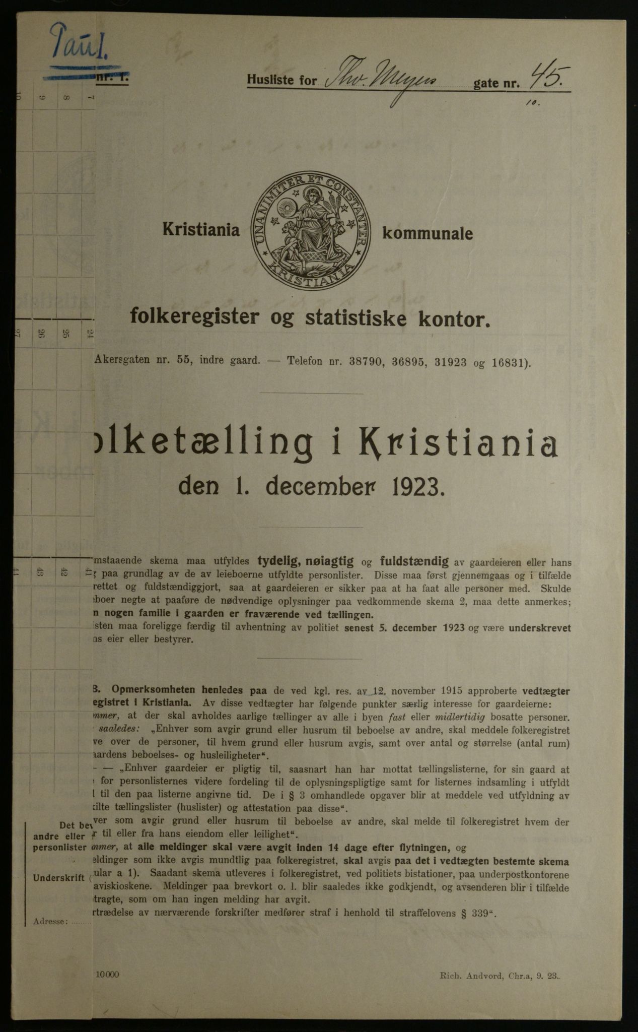 OBA, Municipal Census 1923 for Kristiania, 1923, p. 121961