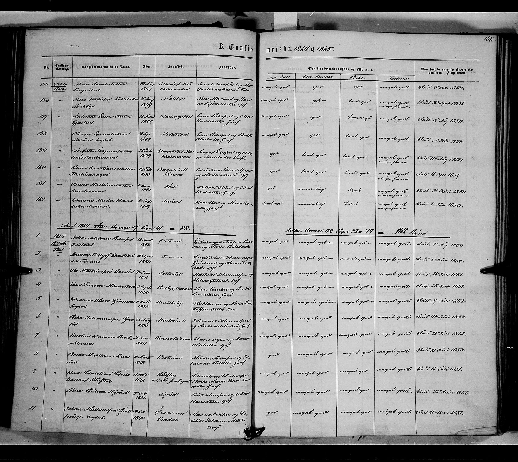 Vestre Toten prestekontor, SAH/PREST-108/H/Ha/Haa/L0007: Parish register (official) no. 7, 1862-1869, p. 158