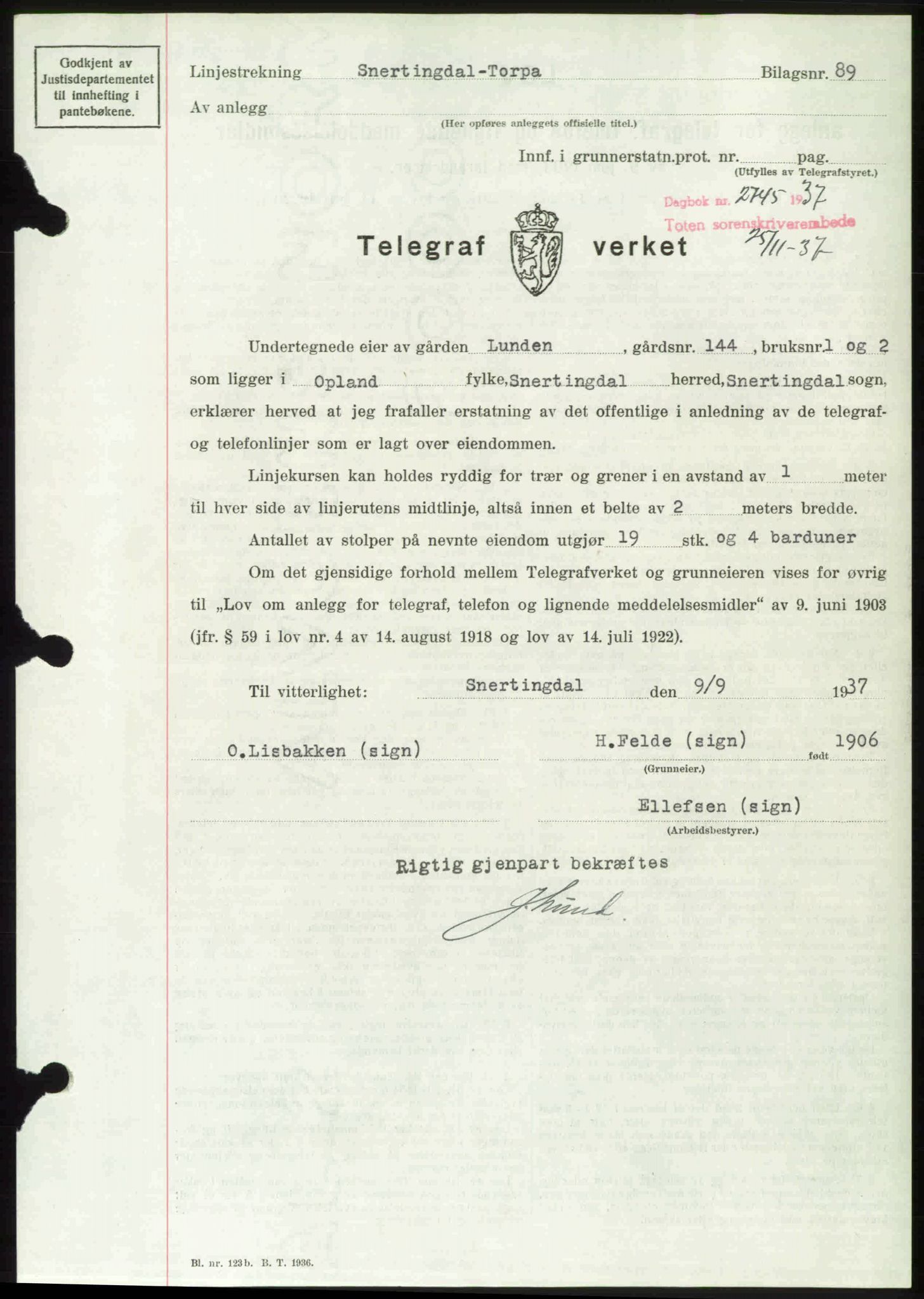 Toten tingrett, SAH/TING-006/H/Hb/Hbc/L0003: Mortgage book no. Hbc-03, 1937-1938, Diary no: : 2745/1937