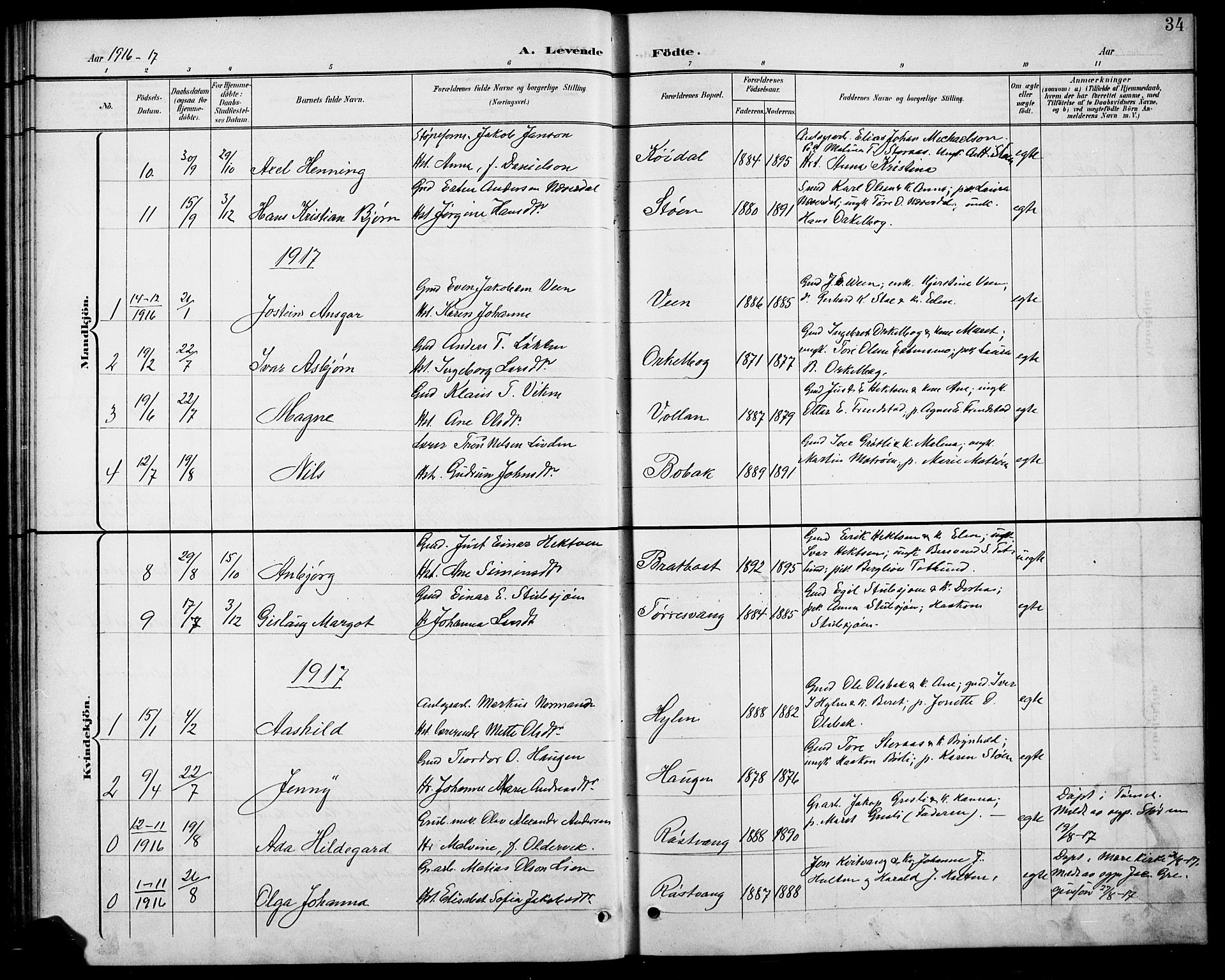 Kvikne prestekontor, SAH/PREST-064/H/Ha/Hab/L0003: Parish register (copy) no. 3, 1896-1918, p. 34