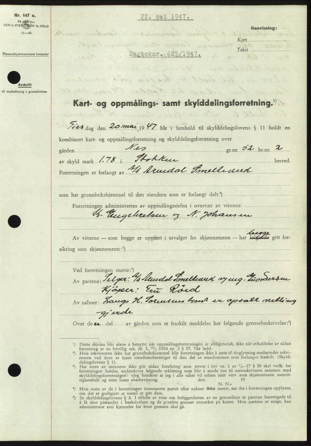 Nedenes sorenskriveri, SAK/1221-0006/G/Gb/Gba/L0057: Mortgage book no. A9, 1947-1947, Diary no: : 625/1947