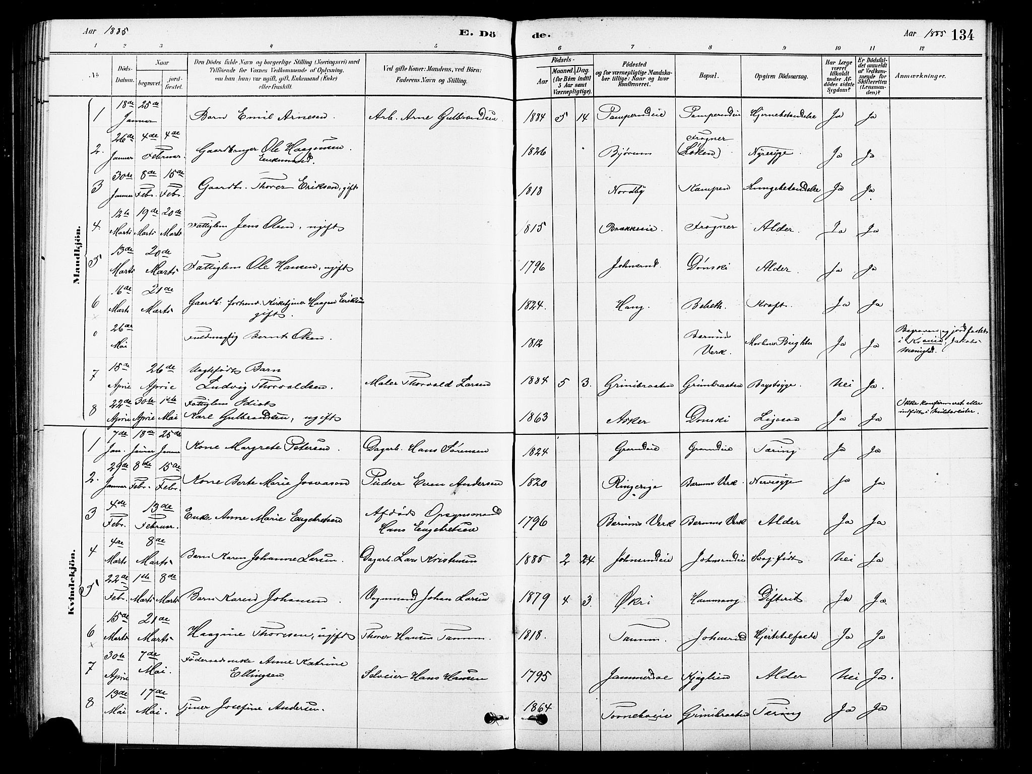 Asker prestekontor Kirkebøker, SAO/A-10256a/F/Fb/L0001: Parish register (official) no. II 1, 1879-1895, p. 134