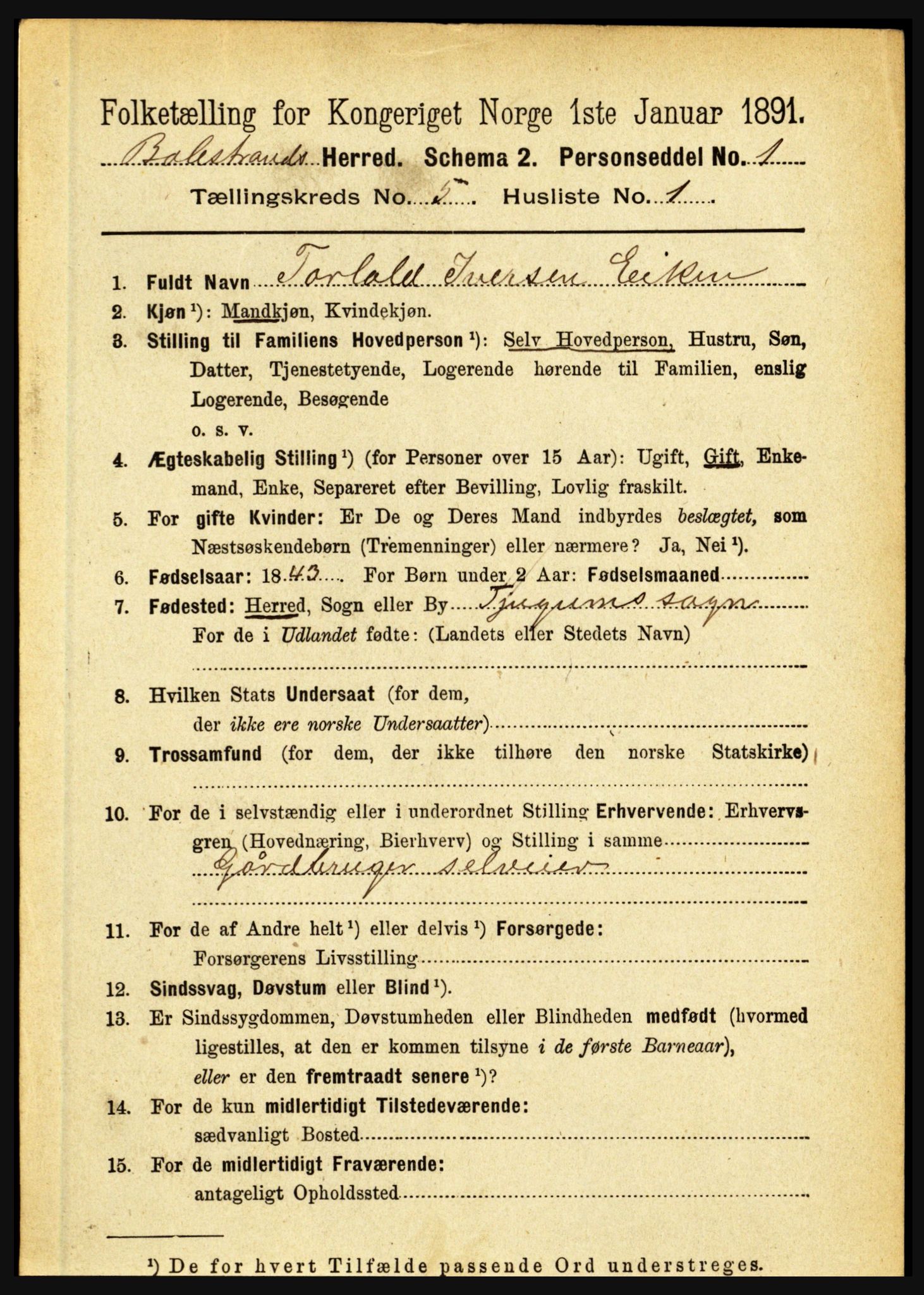 RA, 1891 census for 1418 Balestrand, 1891, p. 1111