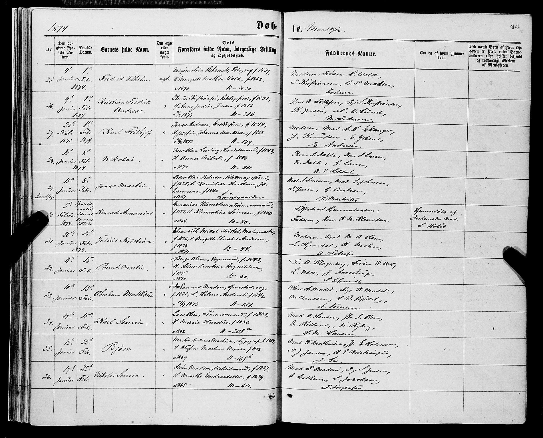 Domkirken sokneprestembete, SAB/A-74801/H/Haa/L0022: Parish register (official) no. B 5, 1872-1878, p. 44