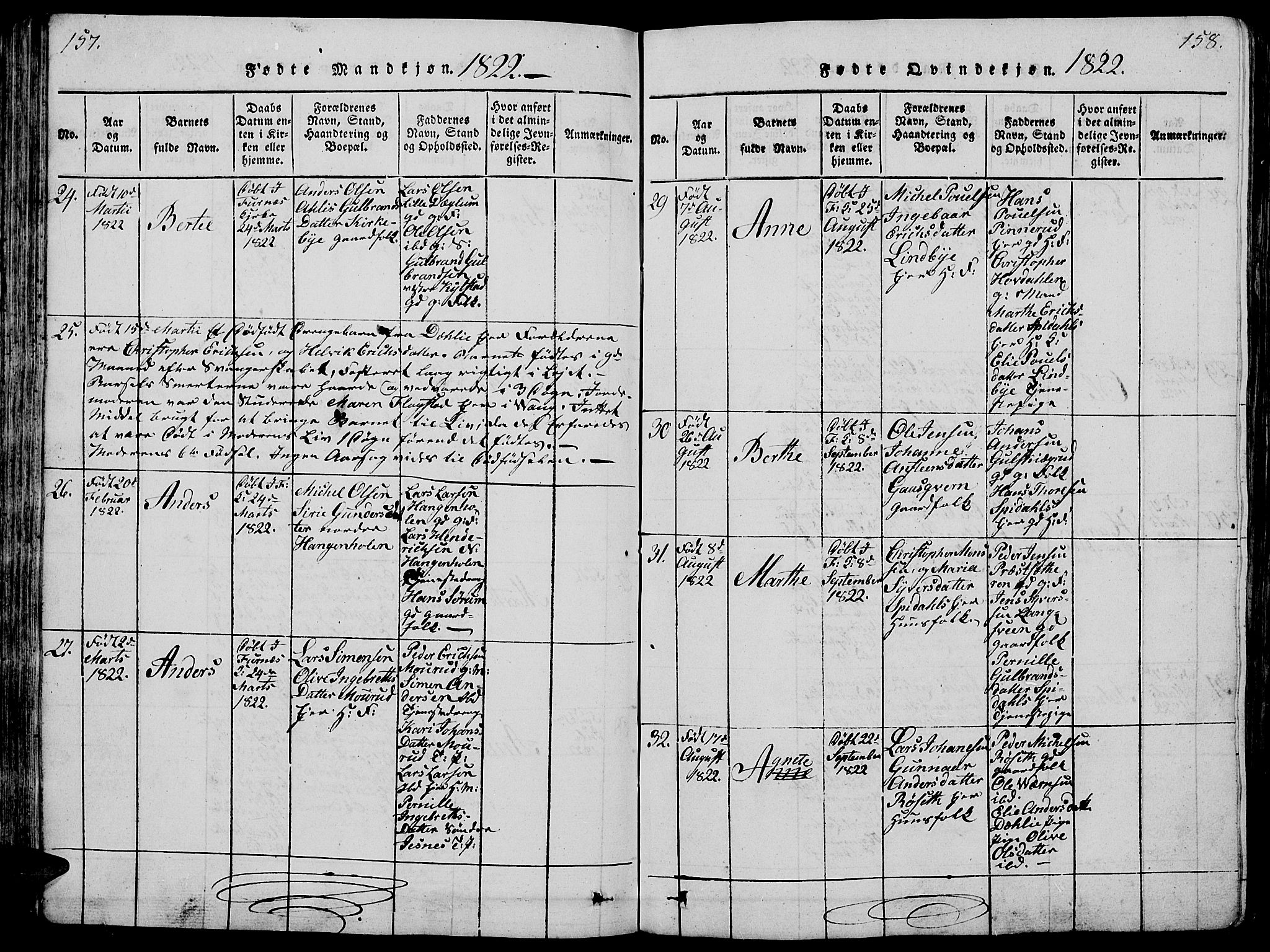 Vang prestekontor, Hedmark, AV/SAH-PREST-008/H/Ha/Hab/L0005: Parish register (copy) no. 5, 1815-1836, p. 157-158