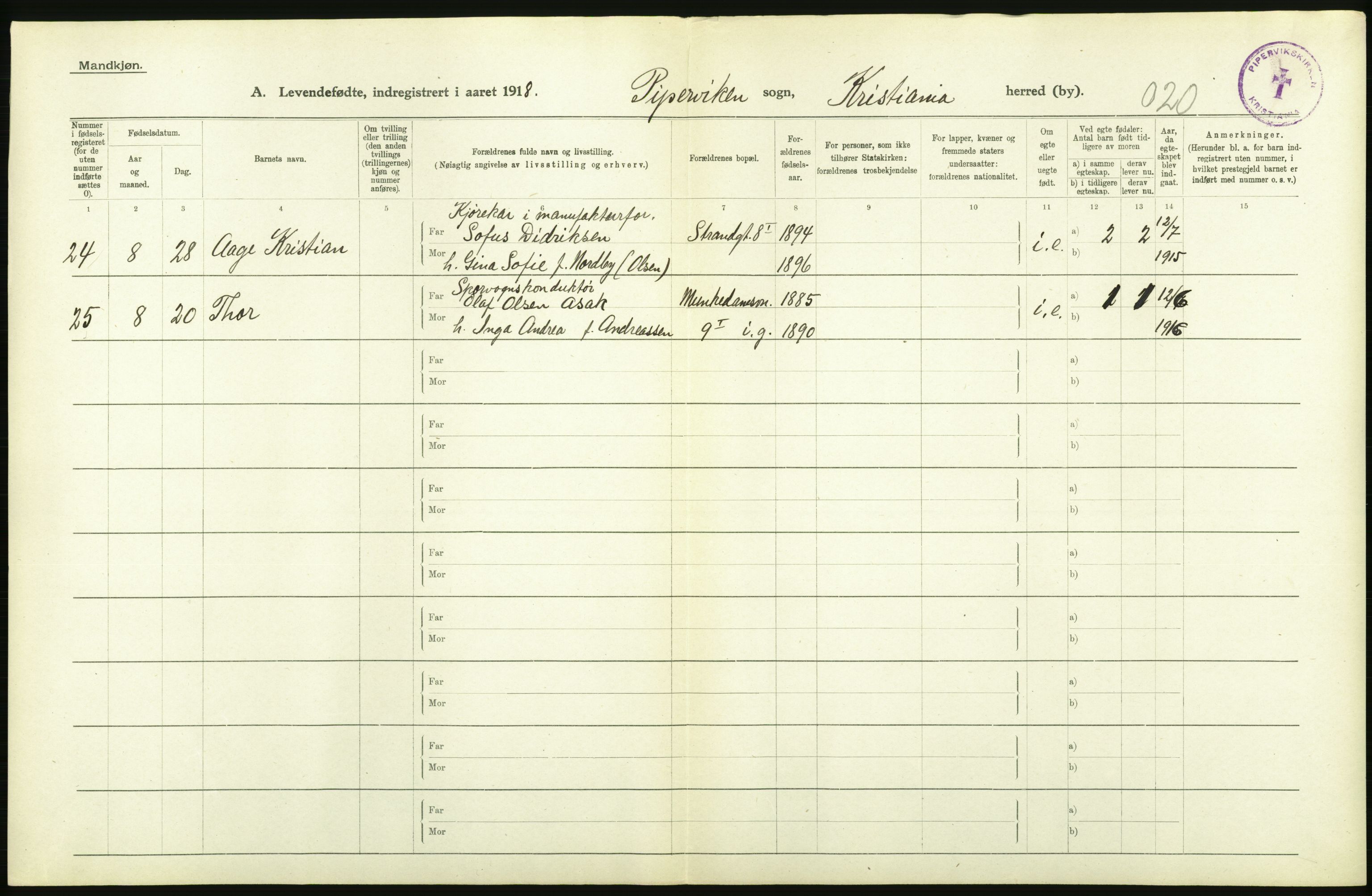 Statistisk sentralbyrå, Sosiodemografiske emner, Befolkning, AV/RA-S-2228/D/Df/Dfb/Dfbh/L0008: Kristiania: Levendefødte menn og kvinner., 1918, p. 214