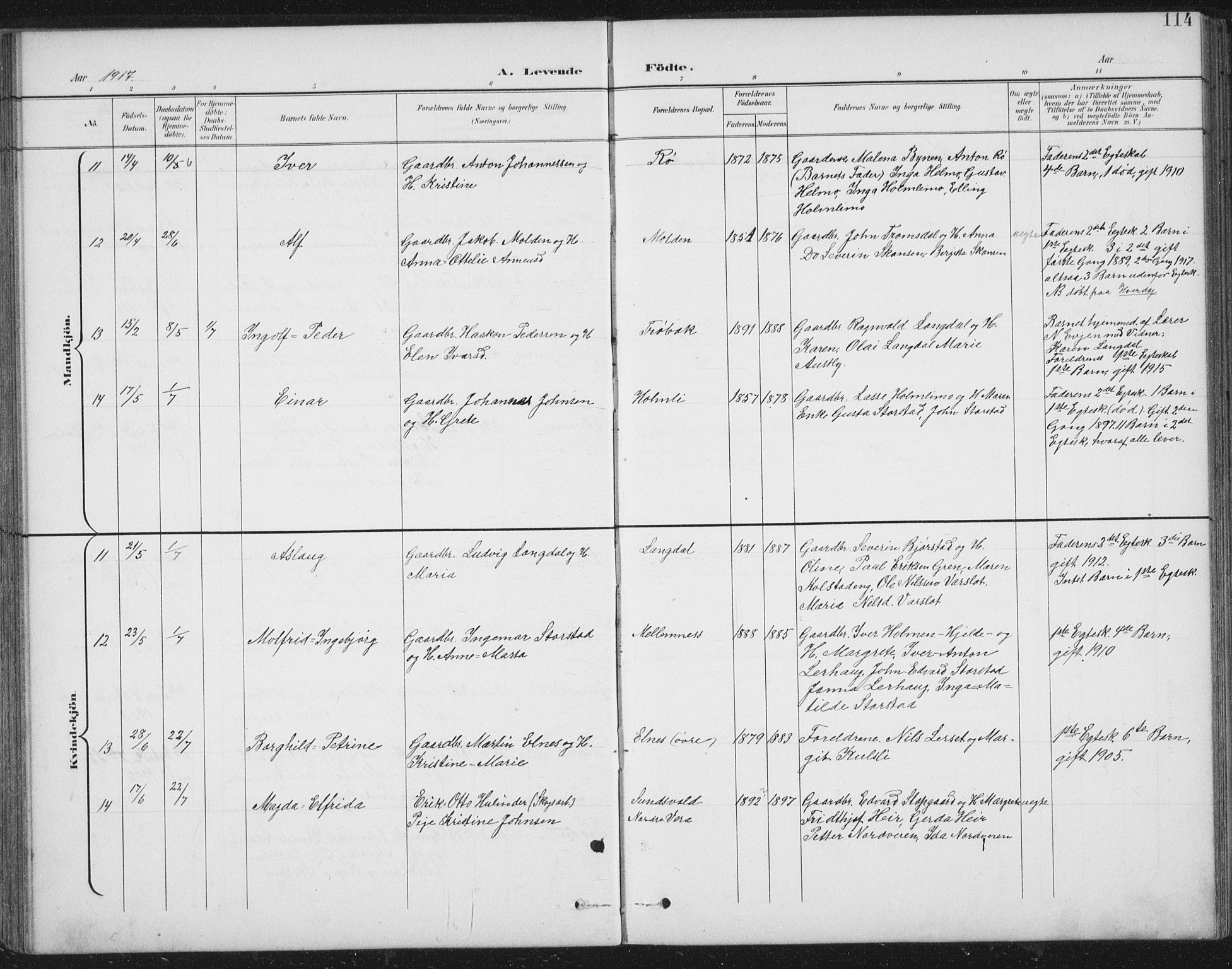 Ministerialprotokoller, klokkerbøker og fødselsregistre - Nord-Trøndelag, SAT/A-1458/724/L0269: Parish register (copy) no. 724C05, 1899-1920, p. 114