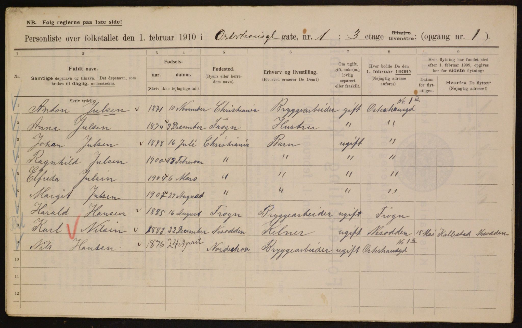 OBA, Municipal Census 1910 for Kristiania, 1910, p. 74445