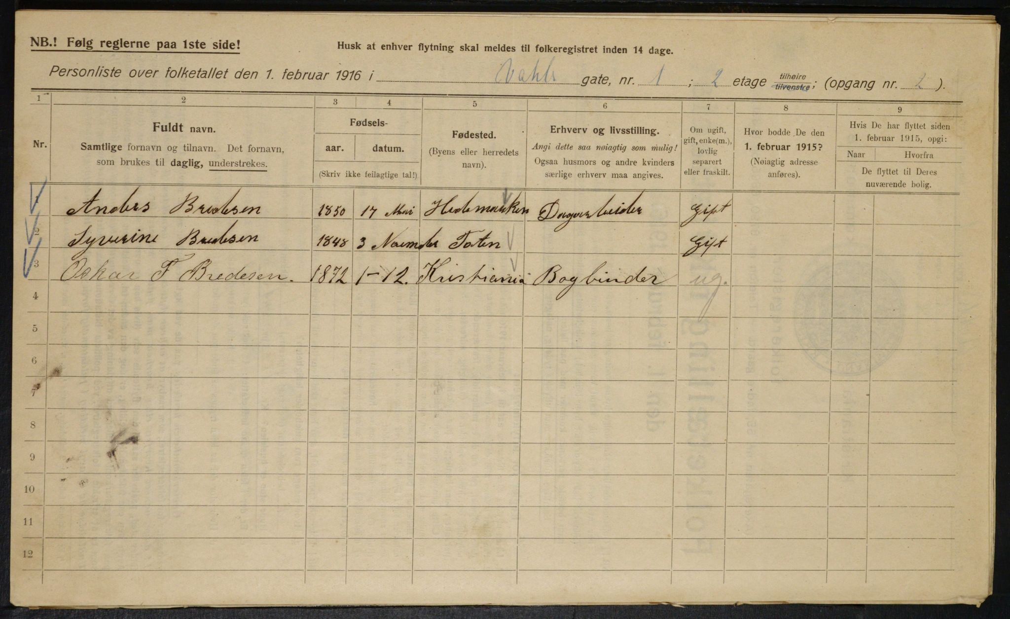 OBA, Municipal Census 1916 for Kristiania, 1916, p. 125129