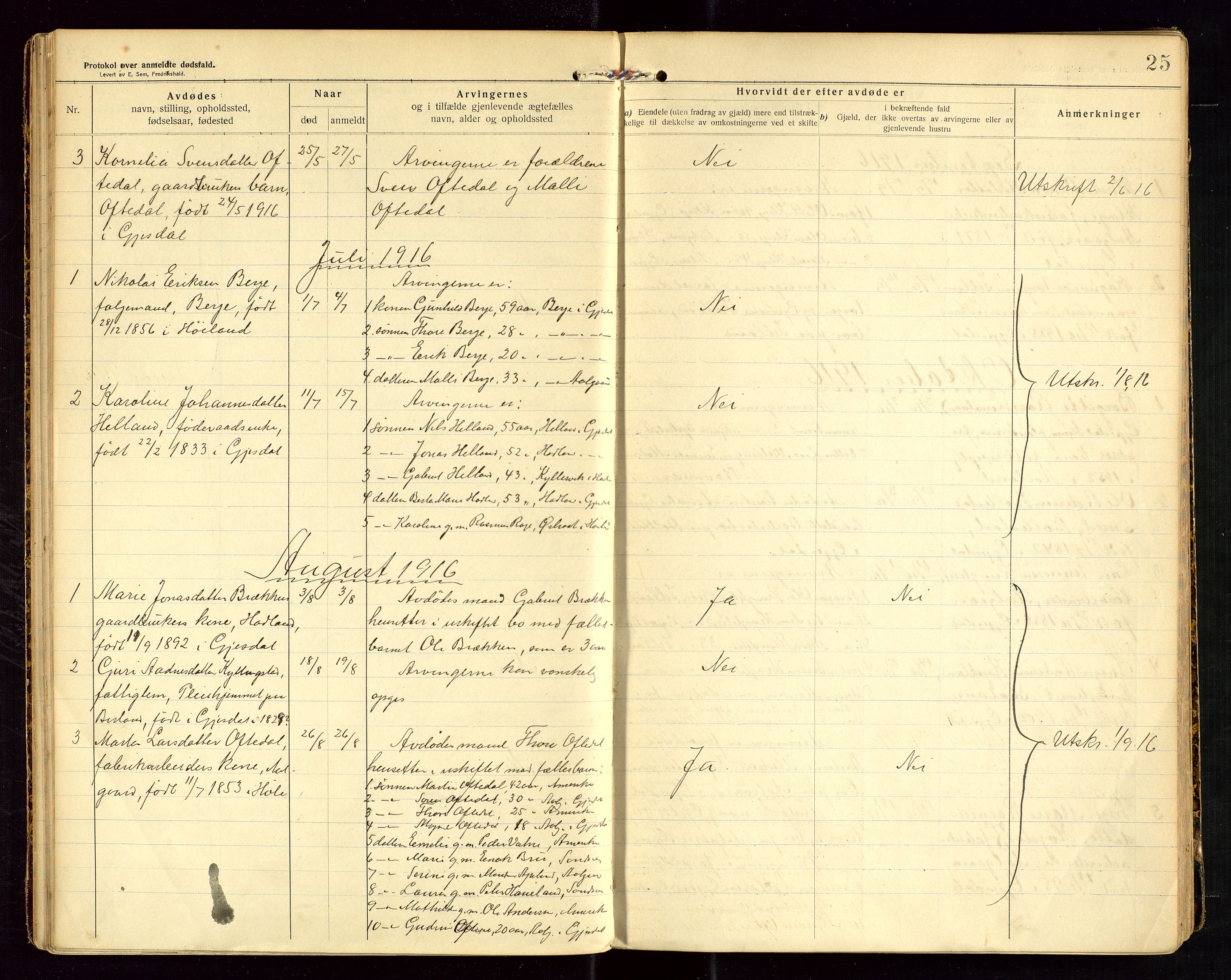 Gjesdal lensmannskontor, SAST/A-100441/Gga/L0002: Dødsfallprotokoll, 1911-1933, p. 25