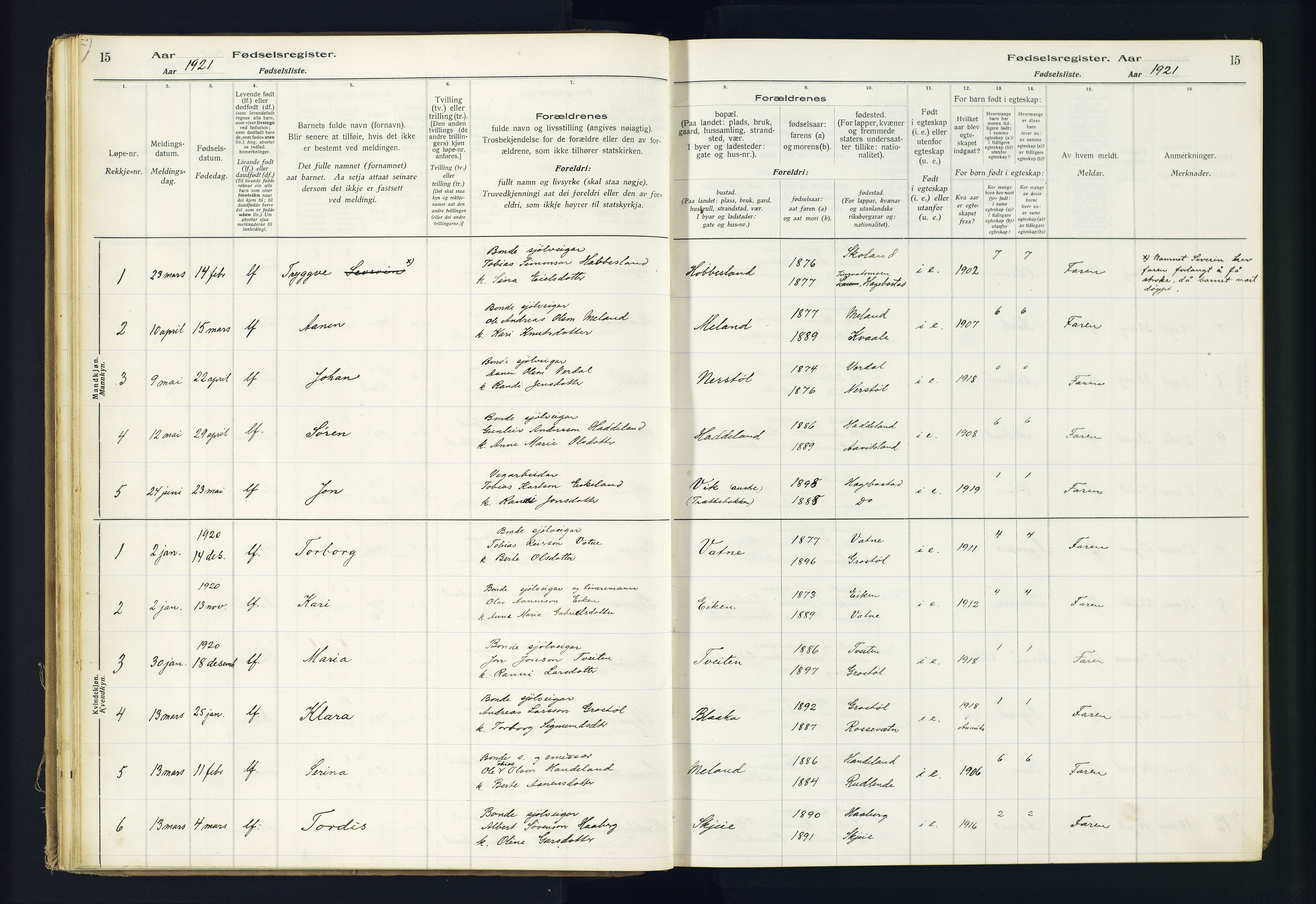 Hægebostad sokneprestkontor, AV/SAK-1111-0024/J/Ja/L0002: Birth register no. II.6.8, 1916-1982, p. 15