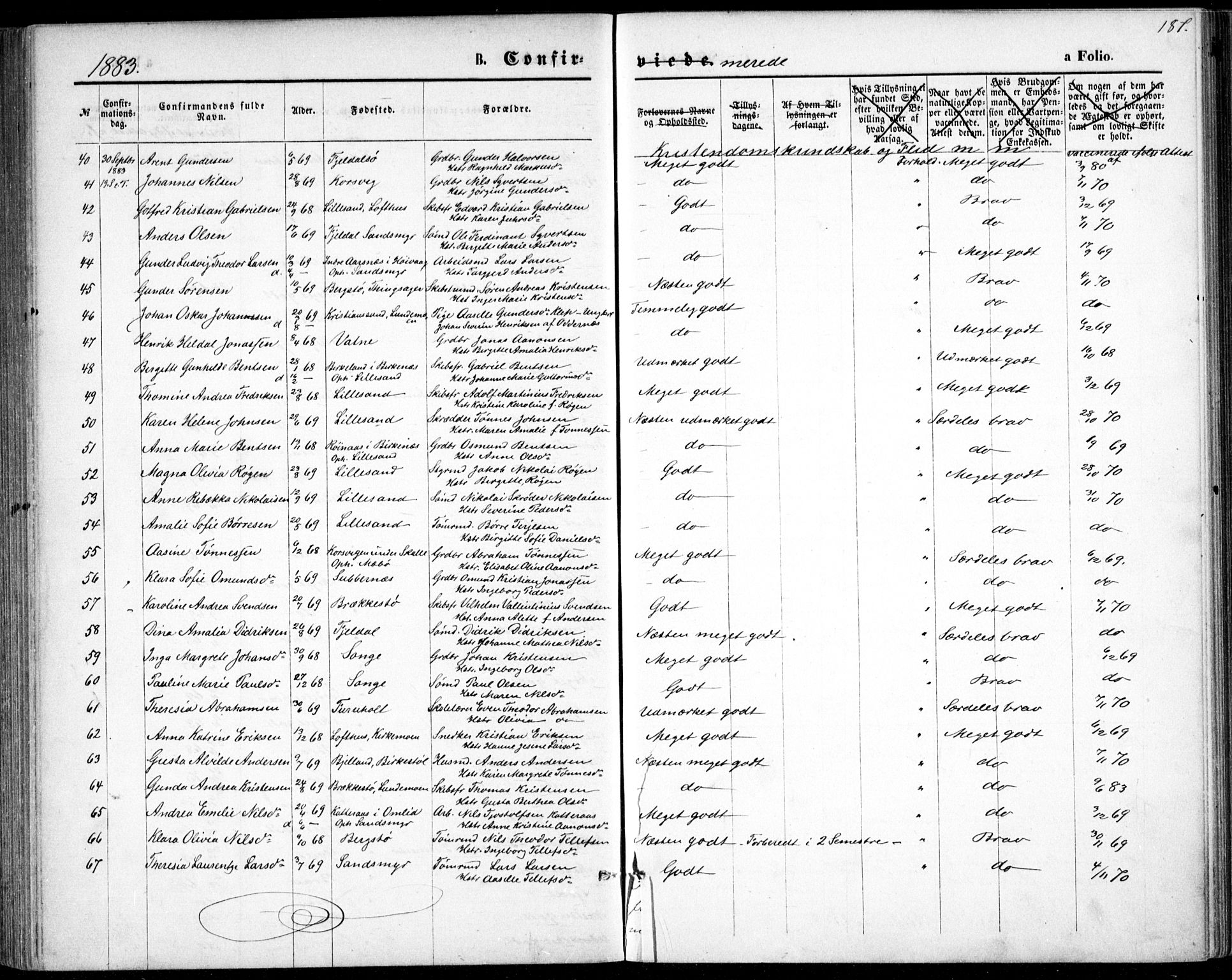 Vestre Moland sokneprestkontor, SAK/1111-0046/F/Fb/Fbb/L0005: Parish register (copy) no. B 5, 1872-1883, p. 187