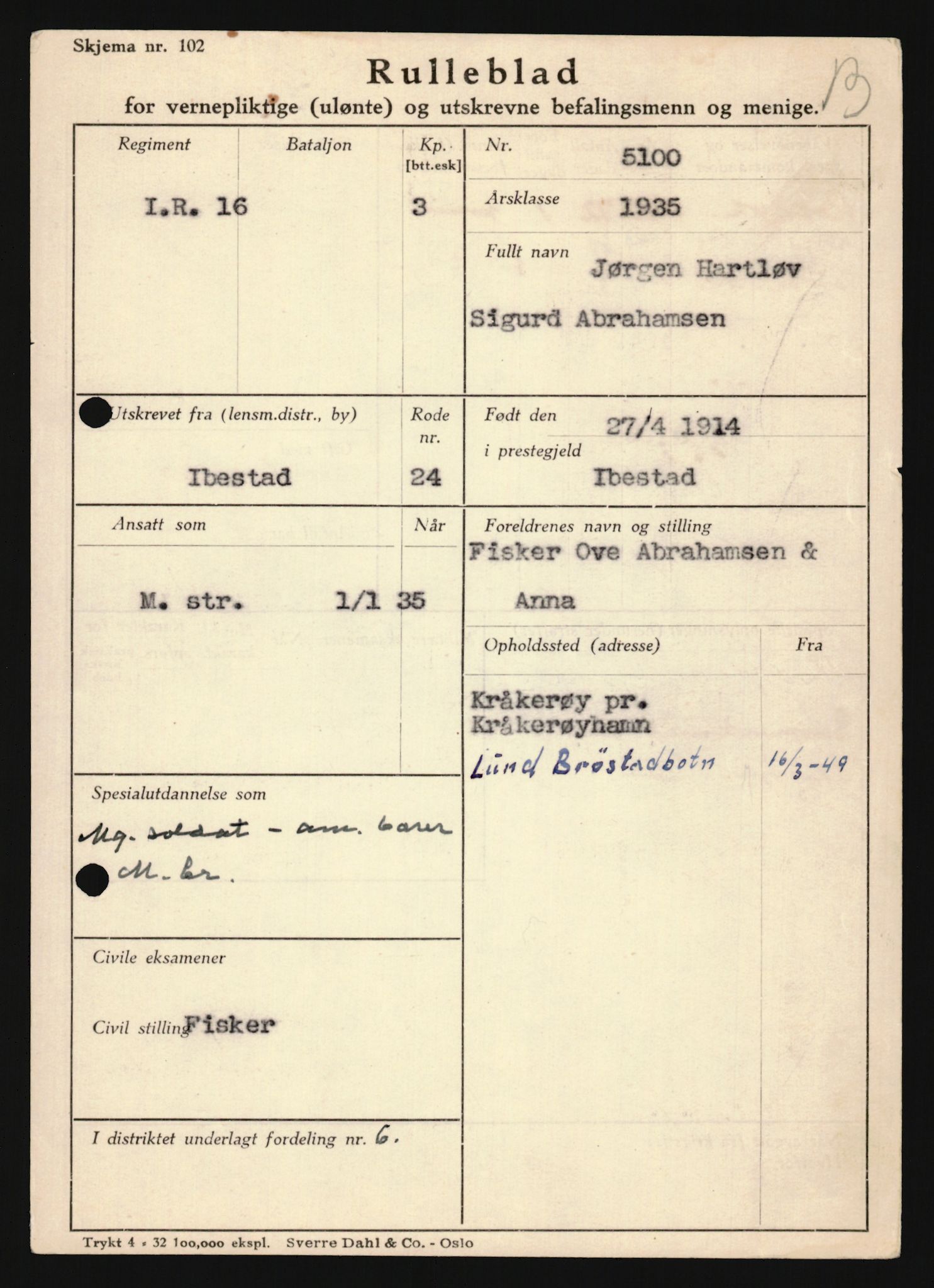 Forsvaret, Troms infanteriregiment nr. 16, AV/RA-RAFA-3146/P/Pa/L0019: Rulleblad for regimentets menige mannskaper, årsklasse 1935, 1935, p. 7