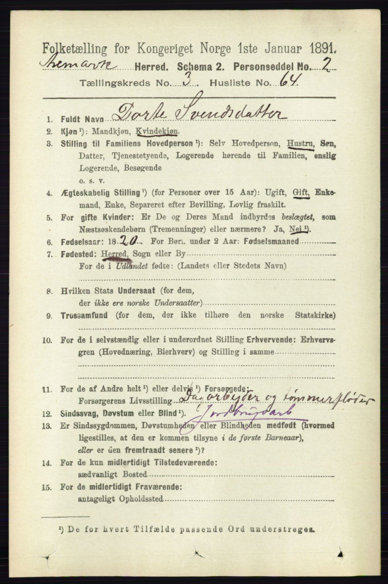 RA, 1891 census for 0118 Aremark, 1891, p. 1823