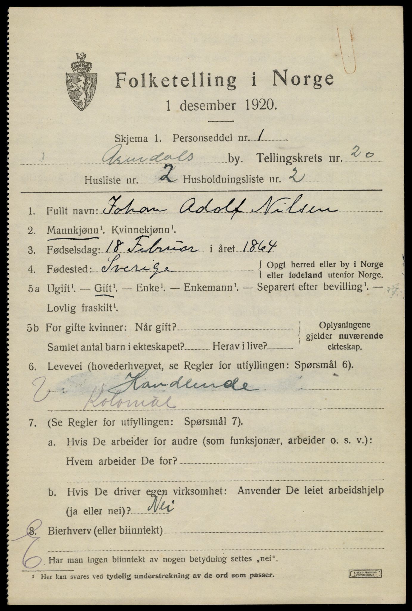 SAK, 1920 census for Arendal, 1920, p. 26860