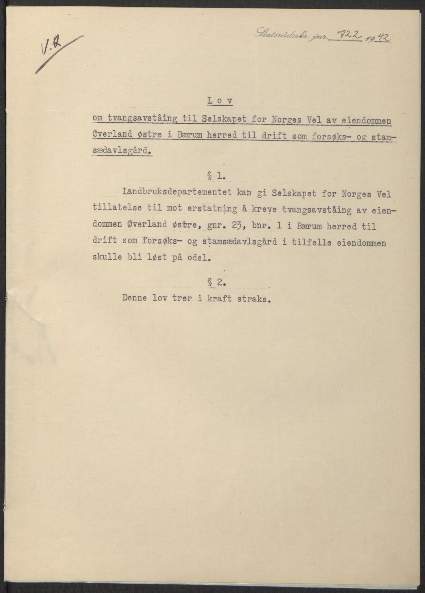 NS-administrasjonen 1940-1945 (Statsrådsekretariatet, de kommisariske statsråder mm), RA/S-4279/D/Db/L0098: Lover II, 1942, p. 442