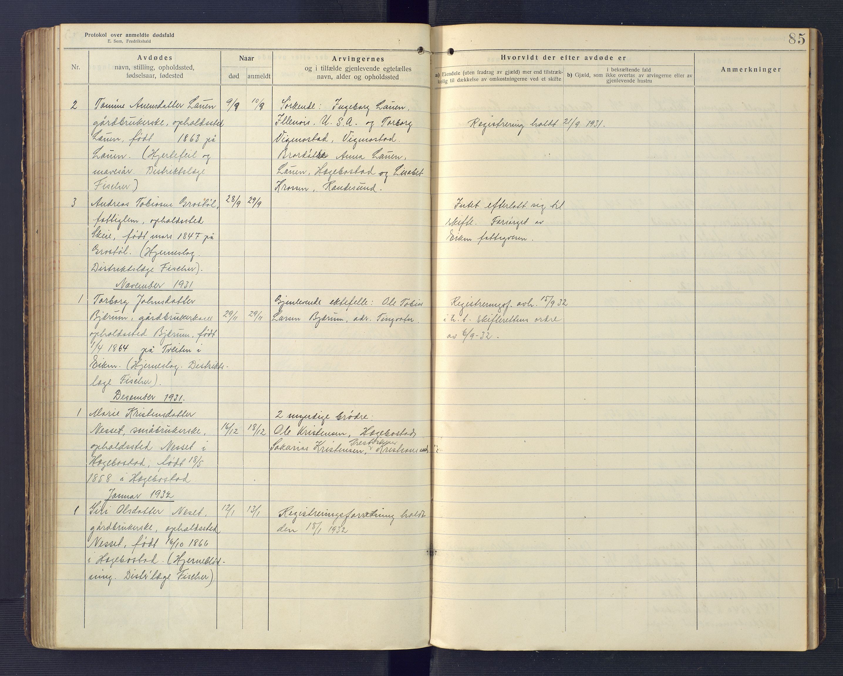 Hægebostad og Eiken lensmannskontor, SAK/1241-0023/F/Fe/L0002: Dødsfallsprotokoll nr 34, 1917-1932, p. 85