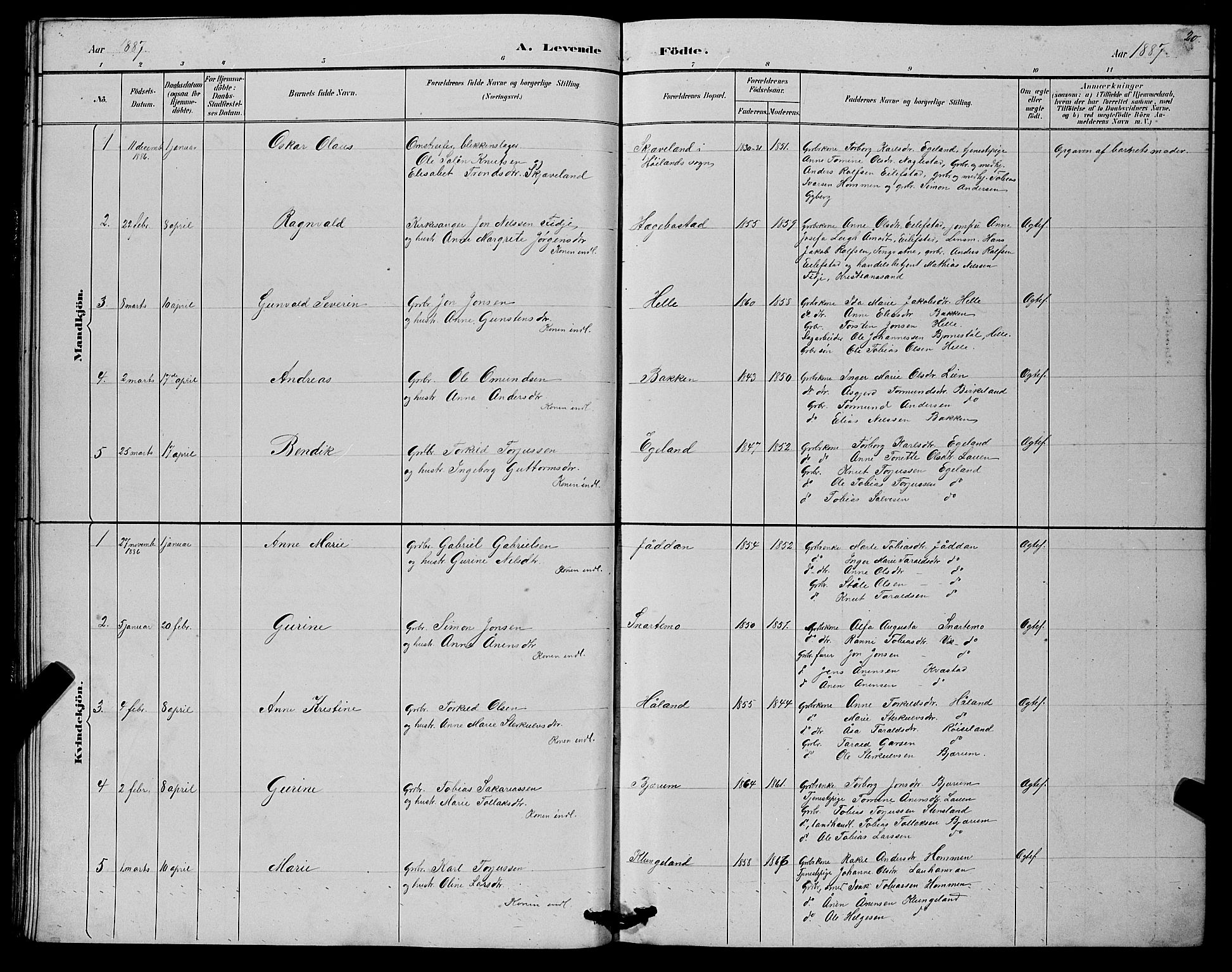 Hægebostad sokneprestkontor, AV/SAK-1111-0024/F/Fb/Fba/L0003: Parish register (copy) no. B 3, 1883-1896, p. 20