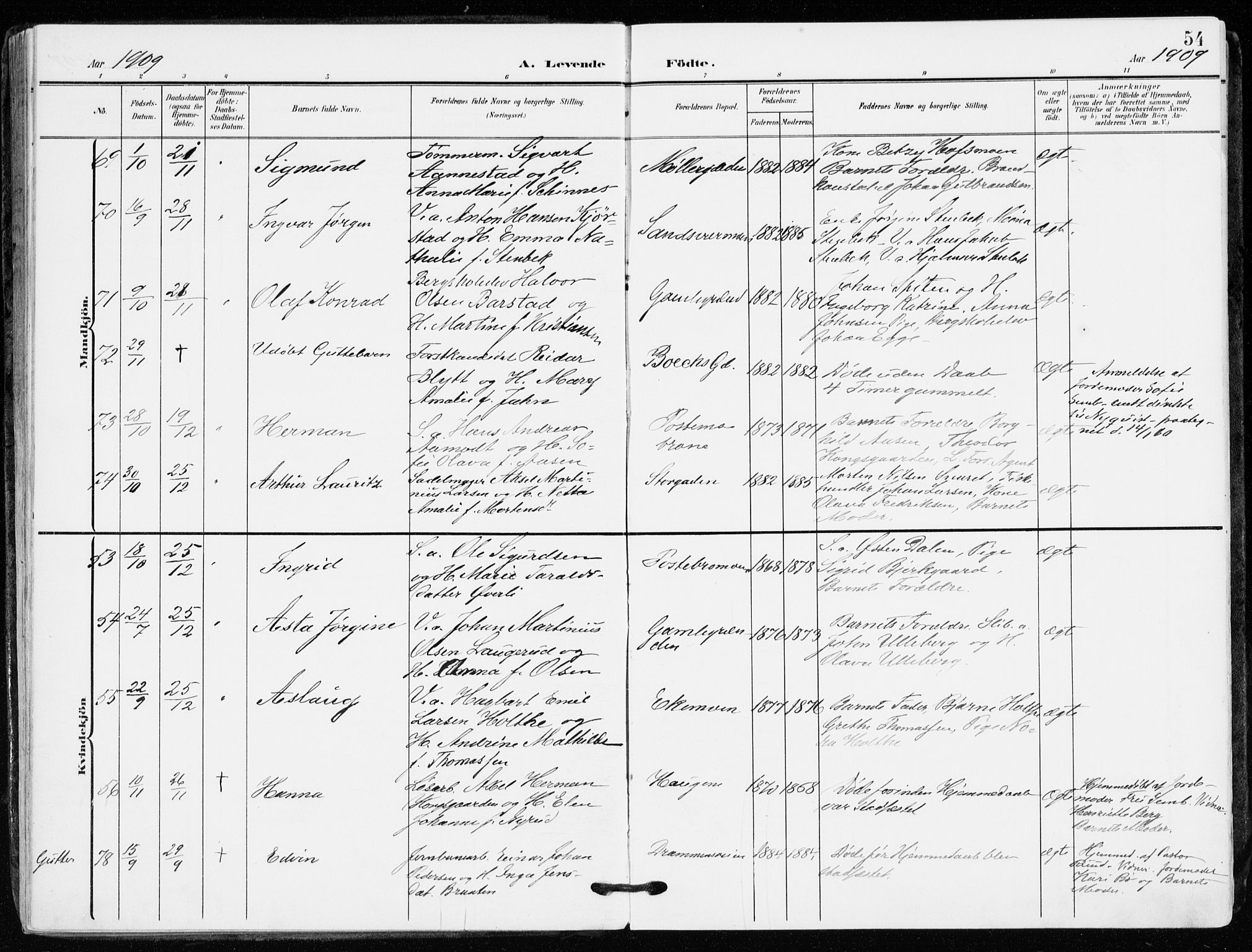 Kongsberg kirkebøker, AV/SAKO-A-22/F/Fb/L0004: Parish register (official) no. II 4, 1906-1918, p. 54